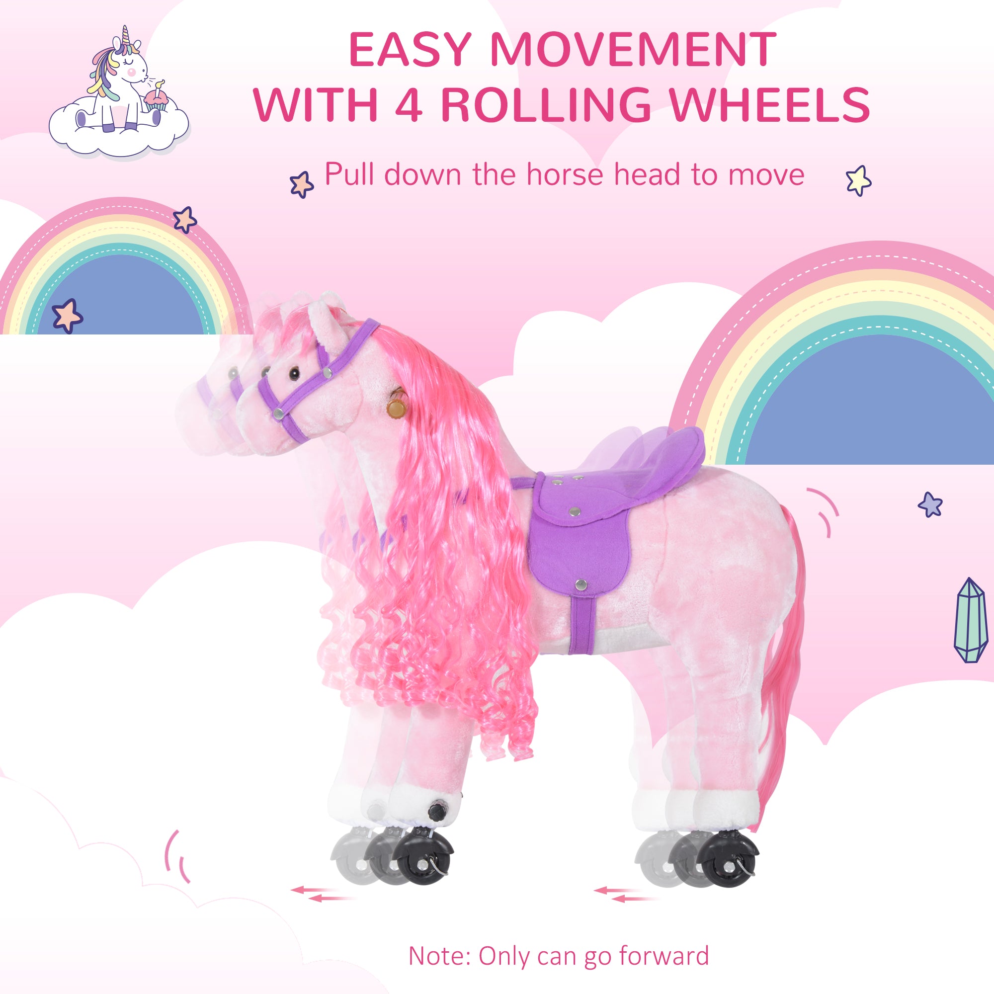 HOMCOM Plush Walking Horse Ride On Toy with Wheels and Realistic Sounds Rocking Horse for Girls Boys 3+ Years Old, 50cm Tall, Pink - North Peak Garden Furniture