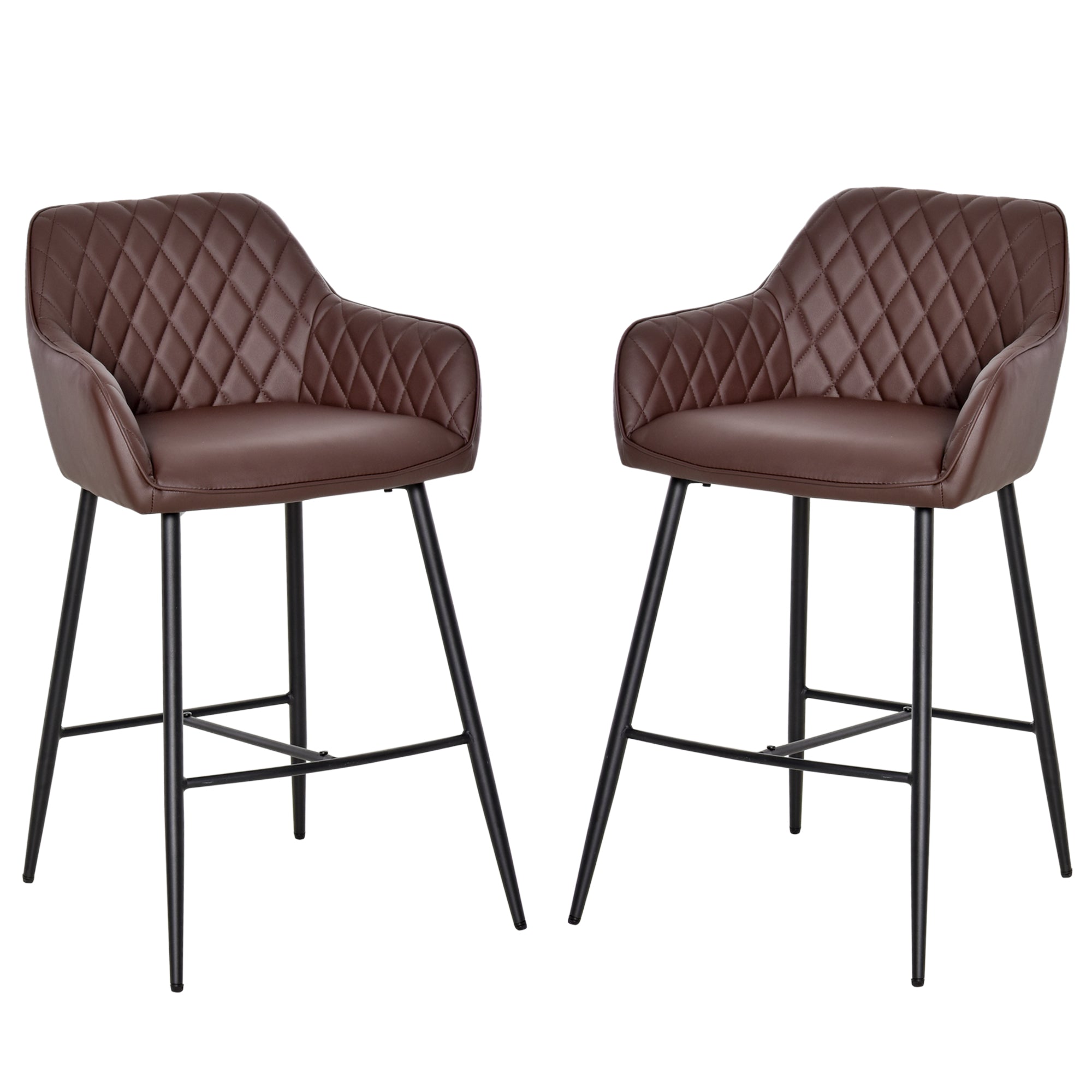 HOMCOM Set of 2 Bar stools Retro PU Leather Bar Chairs w/ Footrest Metal Frame Comfort Support Stylish Dining Seating Home Brown