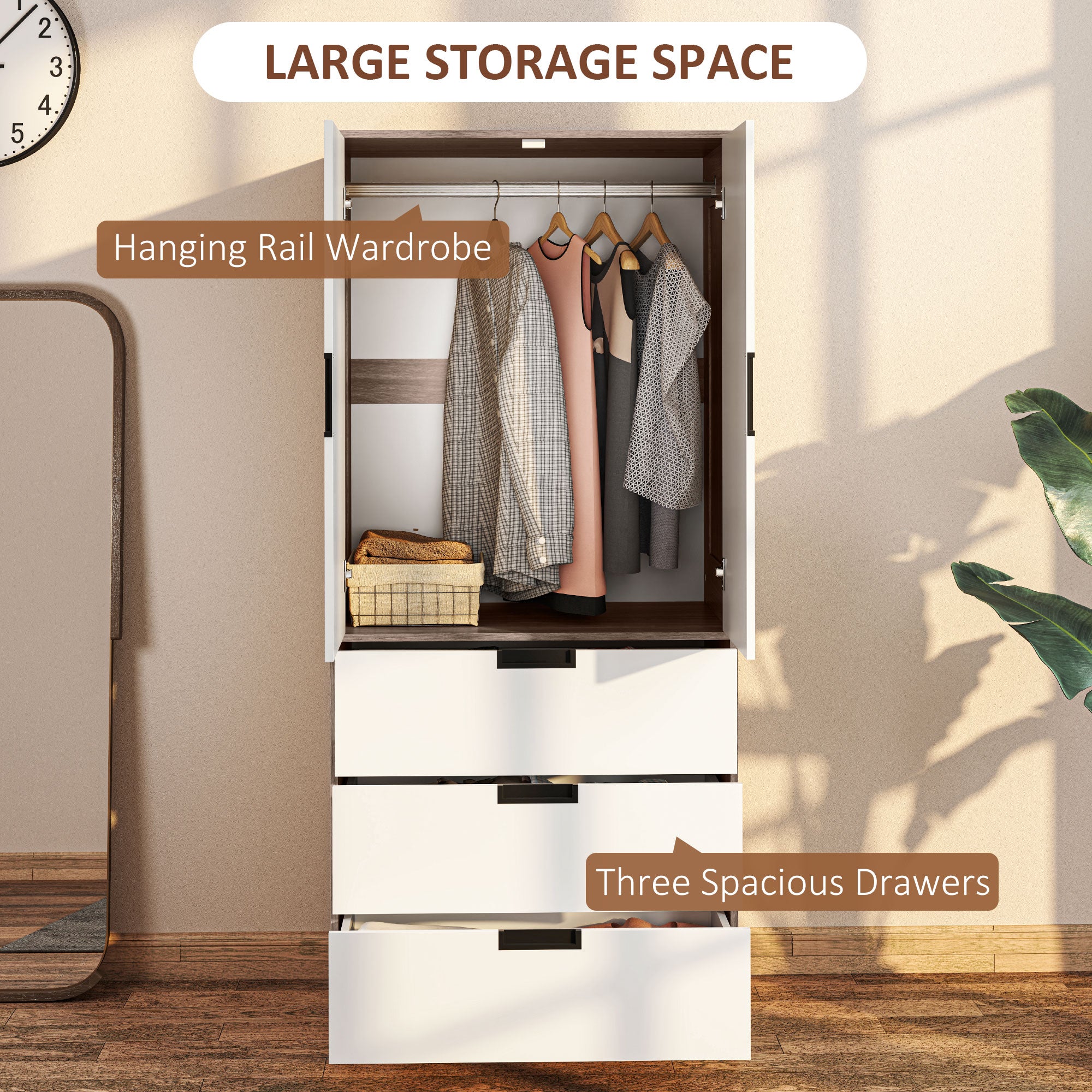 HOMCOM Two Door, Two Drawer Wardrobe - White/Brown - North Peak Garden Furniture