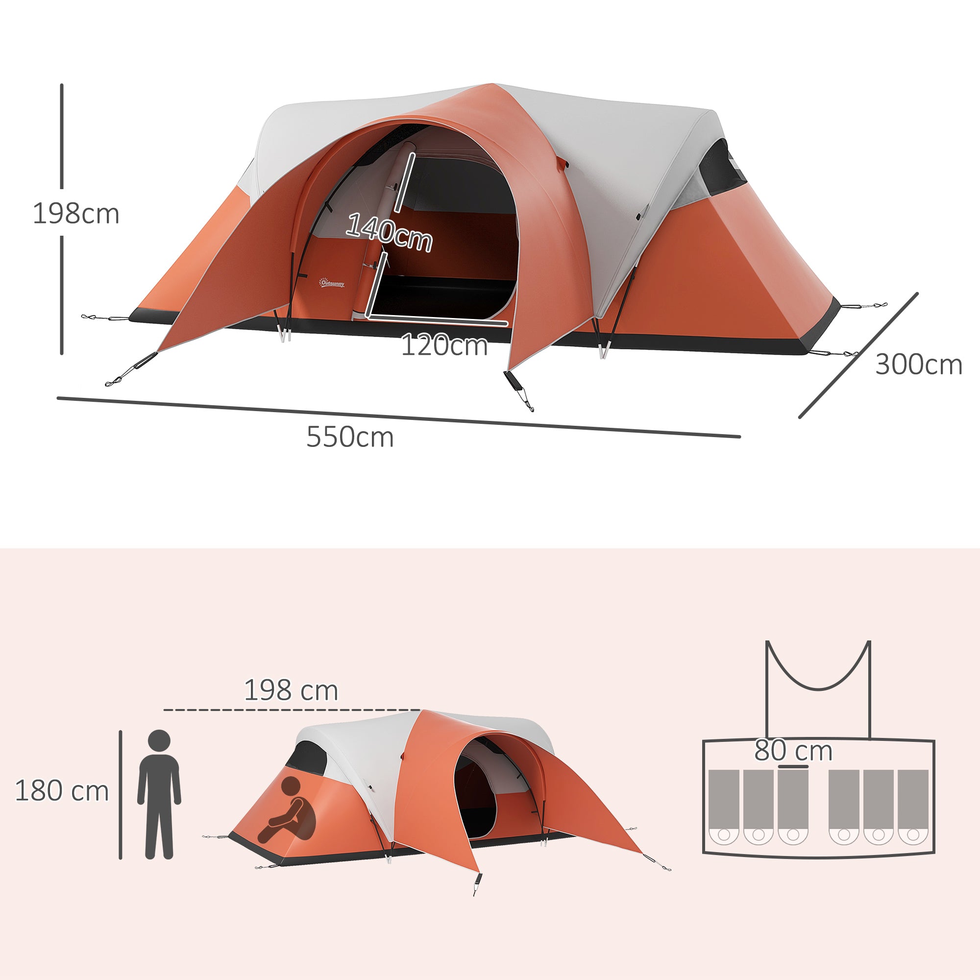 Outsunny 3000mm Waterproof Camping Tent for 5-6 Man, Family Tent with Porch and Sewn in Groundsheet, Portable with Bag, Orange - North Peak Garden Furniture