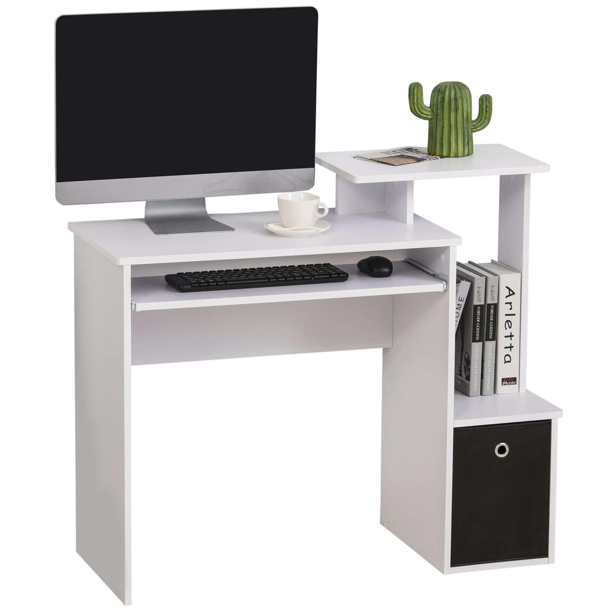 HOMCOM Computer Desk with Sliding Keyboard Tray Storage Drawer Shelf Home Office Workstation White - North Peak Garden Furniture