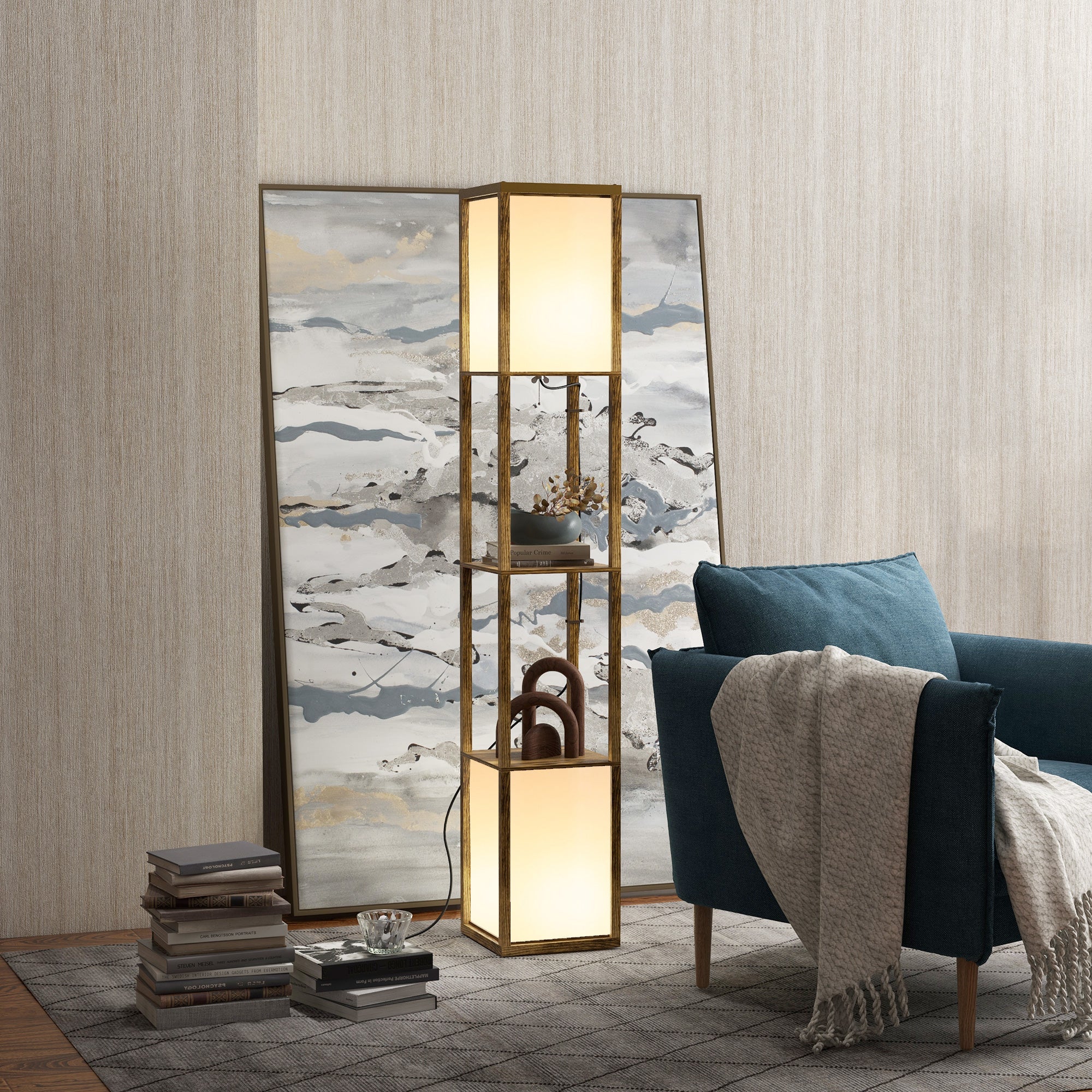 HOMCOM Modern Shelf Floor Lamp with Dual Ambient Light, Standing Lamp Living Room, Bedroom, 156cm, Brown - North Peak Garden Furniture
