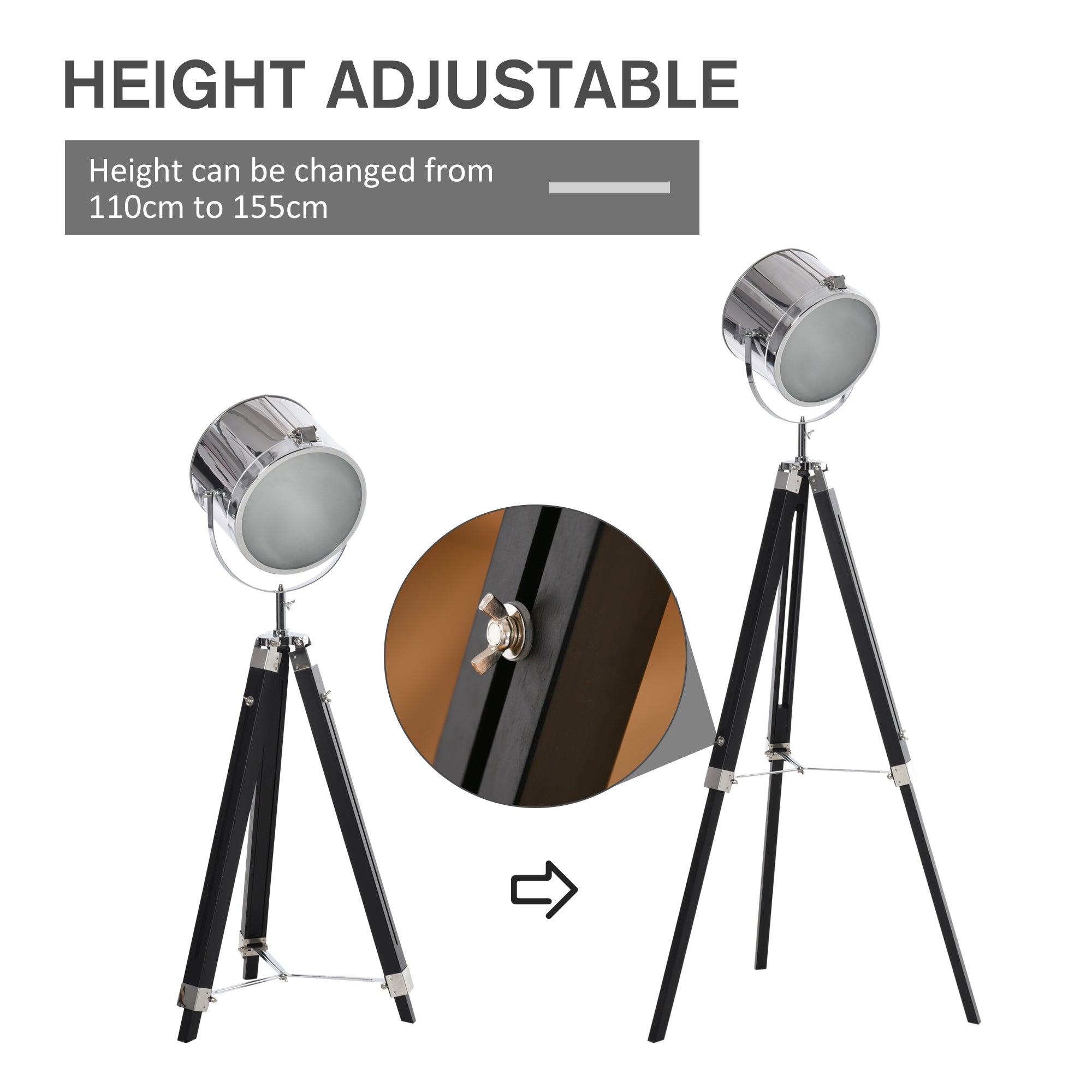 HOMCOM Industrial Style Adjustable Tripod Floor Lamp, Searchlight Lamp with Wooden Legs and Steel Lampshade, 110-155cm, Black - North Peak Garden Furniture