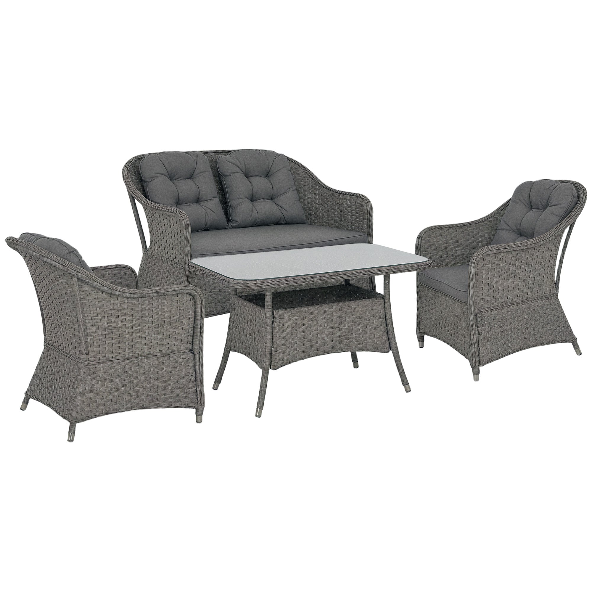 Outsunny Four-Piece Rattan Set, with Glass-Top Table - Light Grey - North Peak Garden Furniture