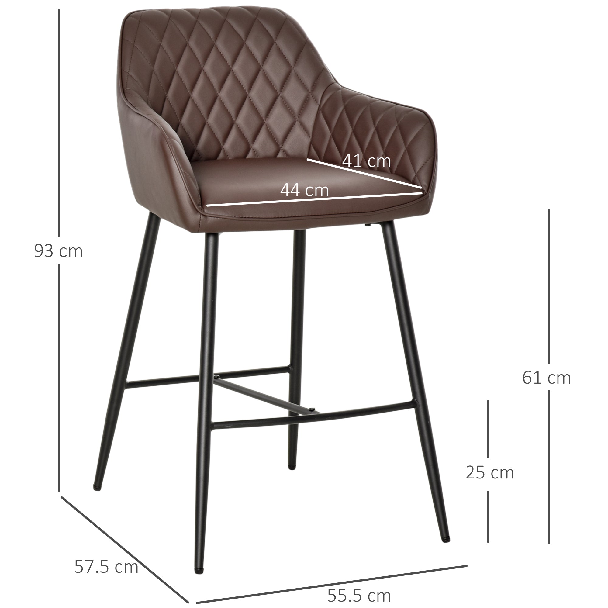 HOMCOM Set of 2 Bar stools Retro PU Leather Bar Chairs w/ Footrest Metal Frame Comfort Support Stylish Dining Seating Home Brown