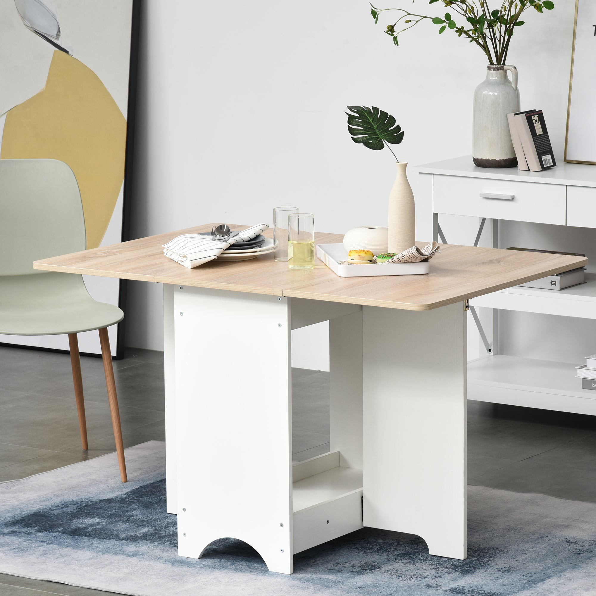 HOMCOM Foldable Dining Table Drop-Leaf Folding Desk Side Console with Storage Shelf for Kitchen,Dining Room - North Peak Garden Furniture