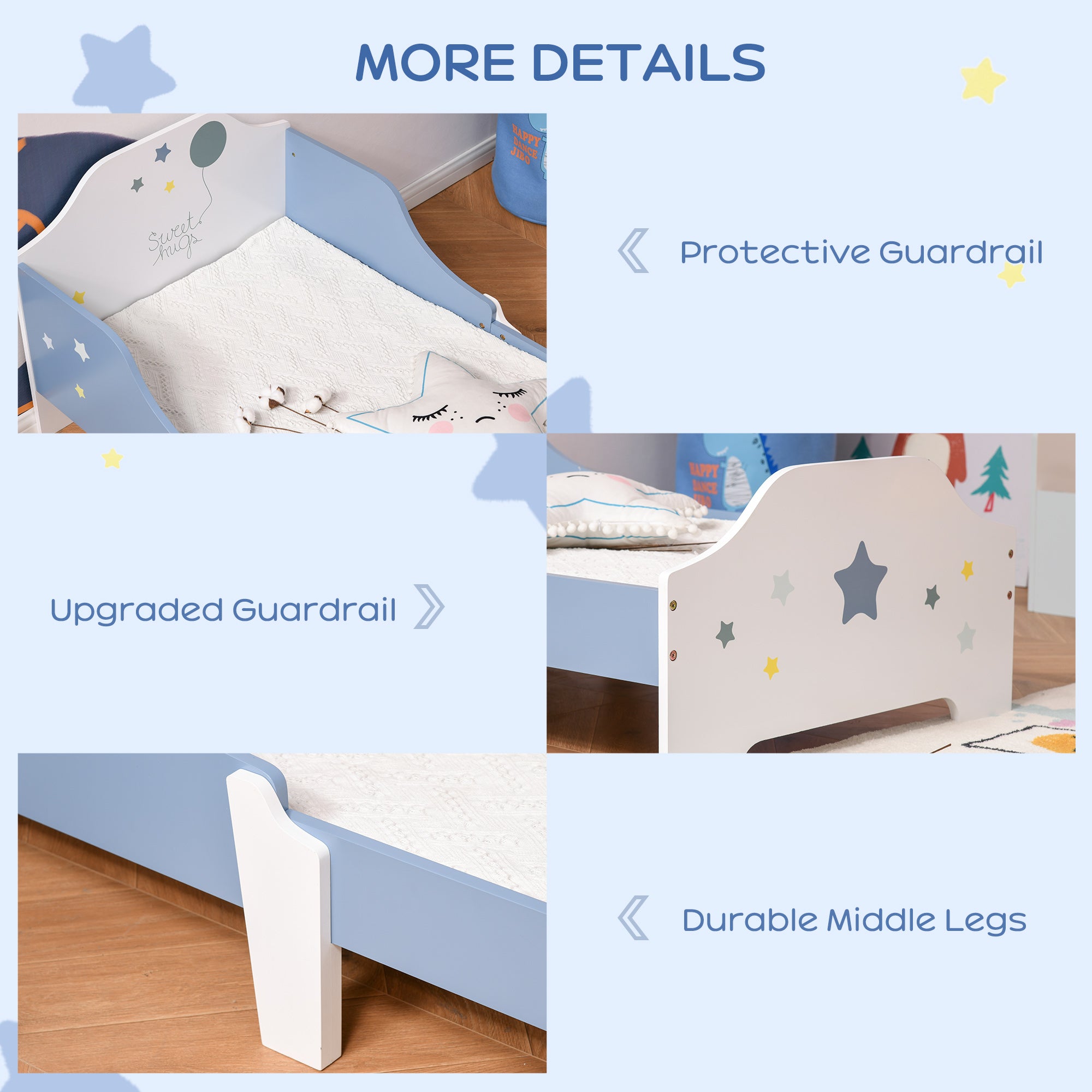 HOMCOM Toddler Bed Frame, Kids Bedroom Furniture for Boys Girls with Safe Guardrails, Low Junior Blue - North Peak Garden Furniture