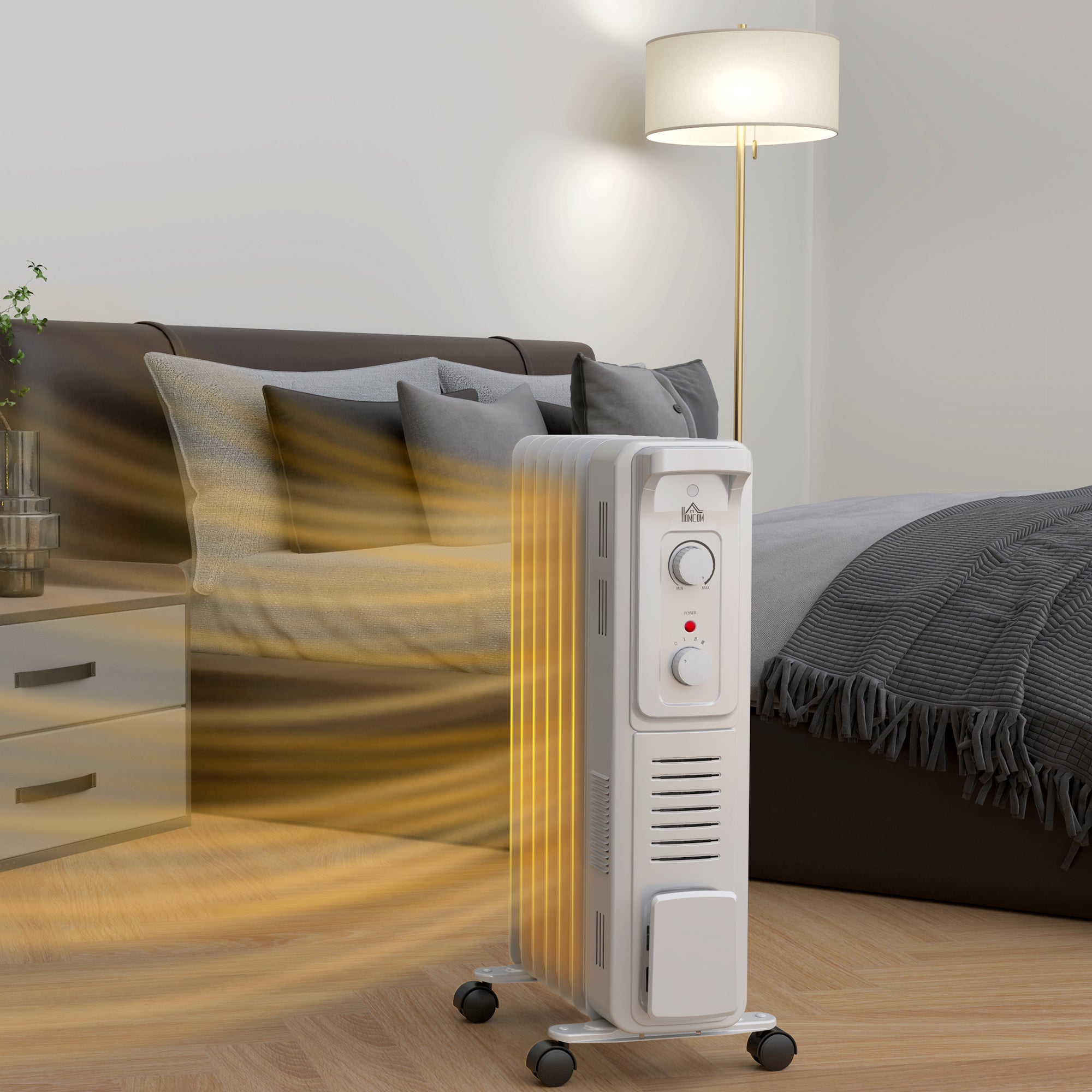 HOMCOM 1500W Quiet Oil Filled Radiator, 7 Fin Energy Efficient Portable Electric Heater with 3 Heat Settings, Adjustable Thermostat, Safety Tip Over, Overheat Protection, for Home, White - North Peak Garden Furniture