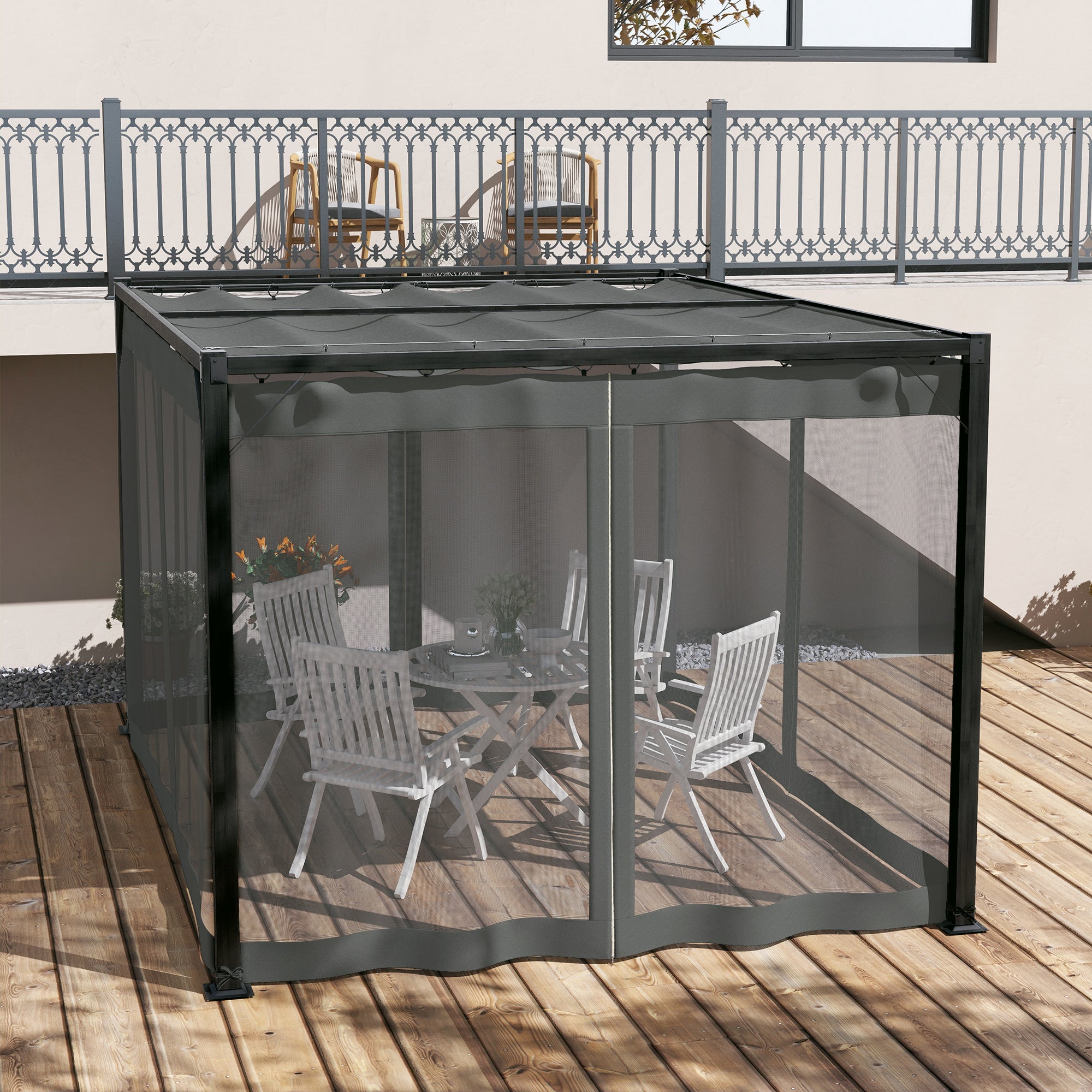 Outsunny 3 x 4m Aluminium Frame Pergola, with Retractable Roof - Dark Grey - North Peak Garden Furniture