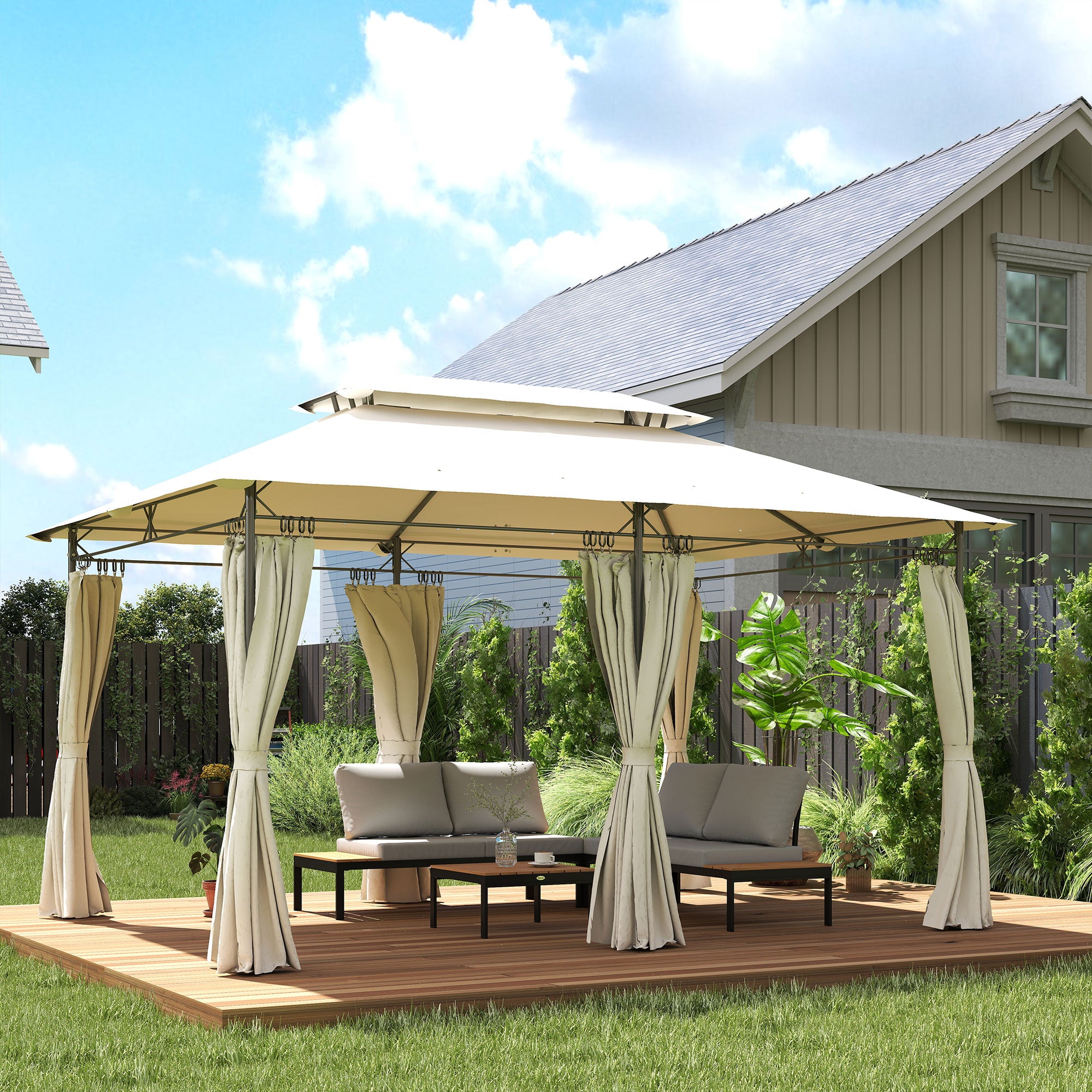 Outsunny 3 x 4m Metal Frame, Two-Tier Roof Gazebo - Cream White