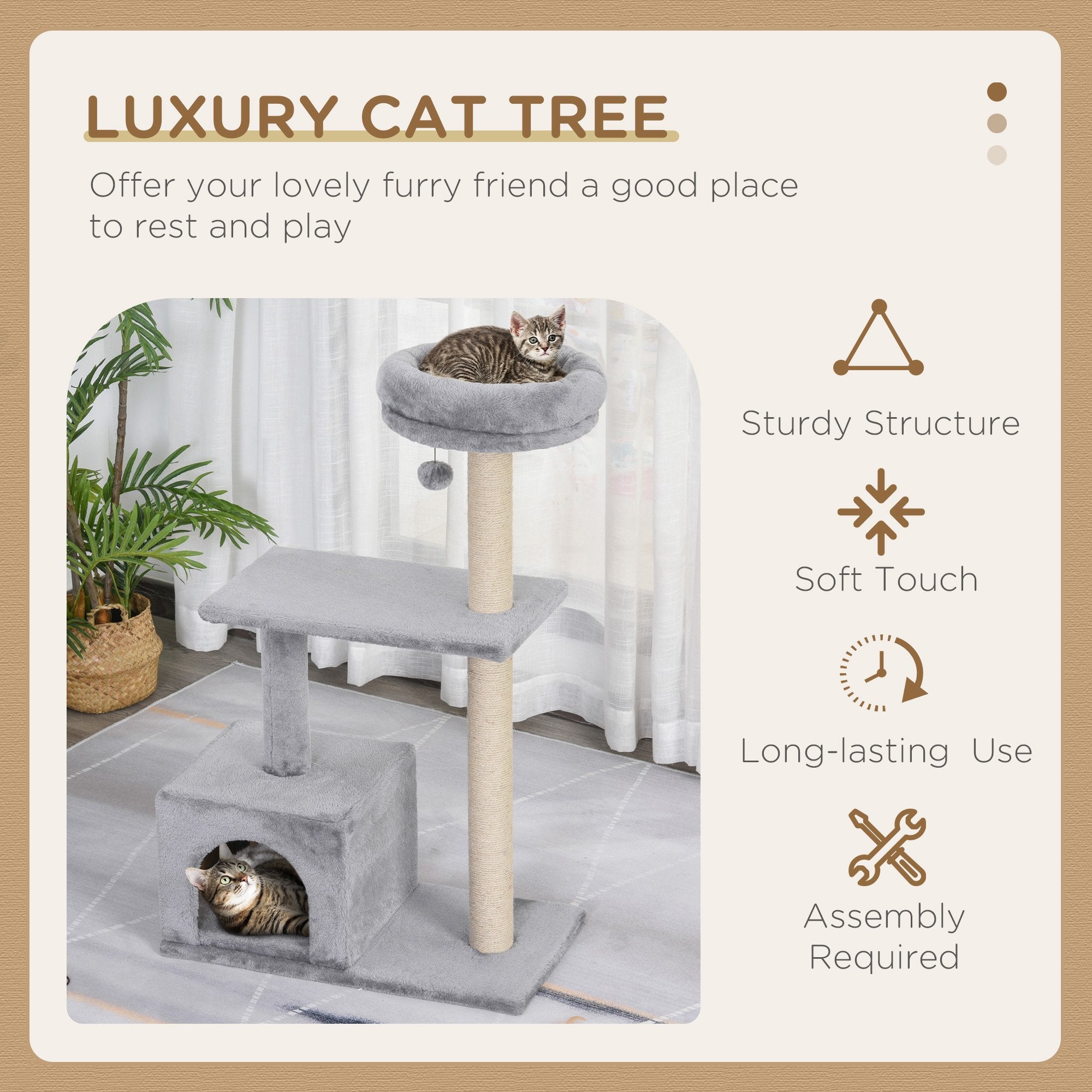 PawHut Durable Cat Scratching Tree, 3-Tier with Sisal Rope for Play and Rest, Grey