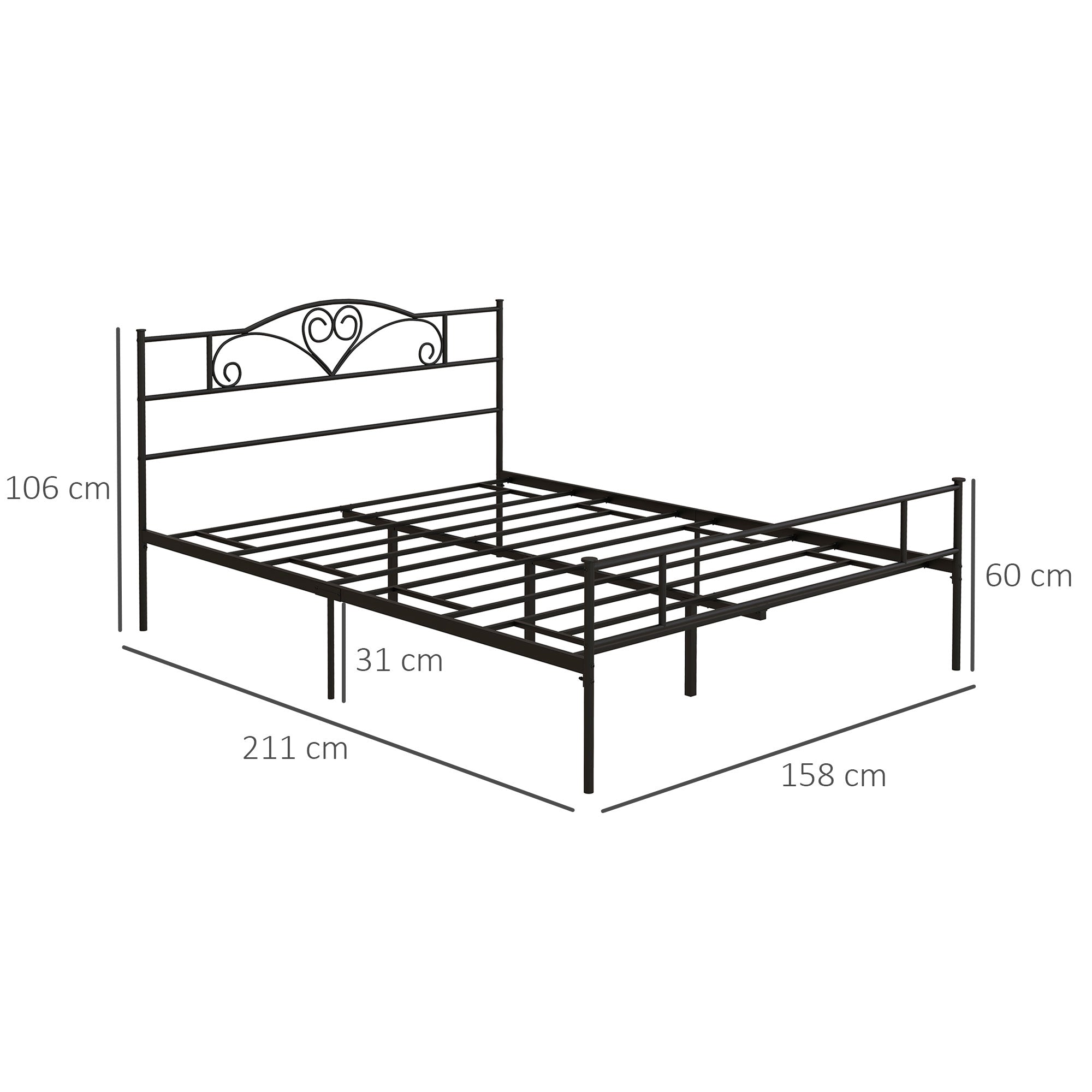 HOMCOM King Size Bed Frame, 5ft4 Metal Bed Base with Headboard and Footboard, 31cm Underneath Storage Space for Bedroom