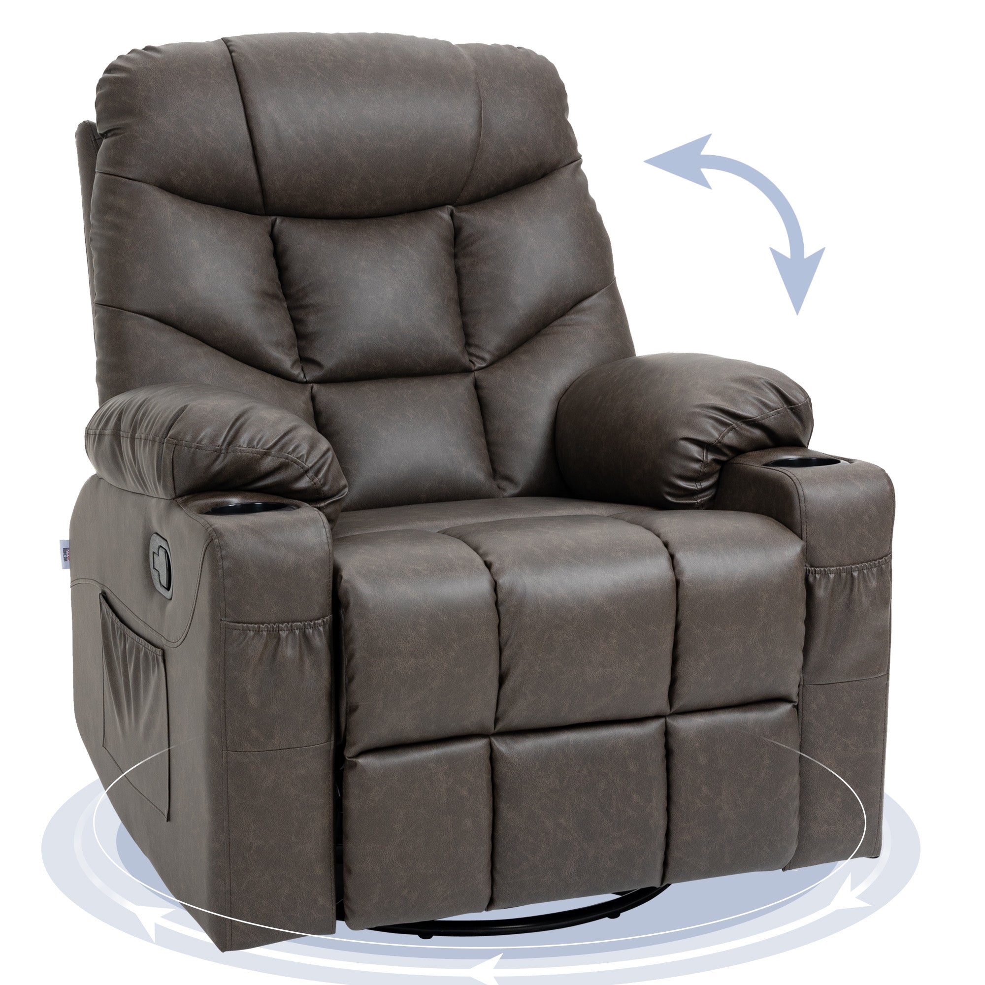 HOMCOM Manual Reclining Chair, Recliner Armchair with Faux Leather, Footrest, Cup Holders, 86x93x102cm, Brown