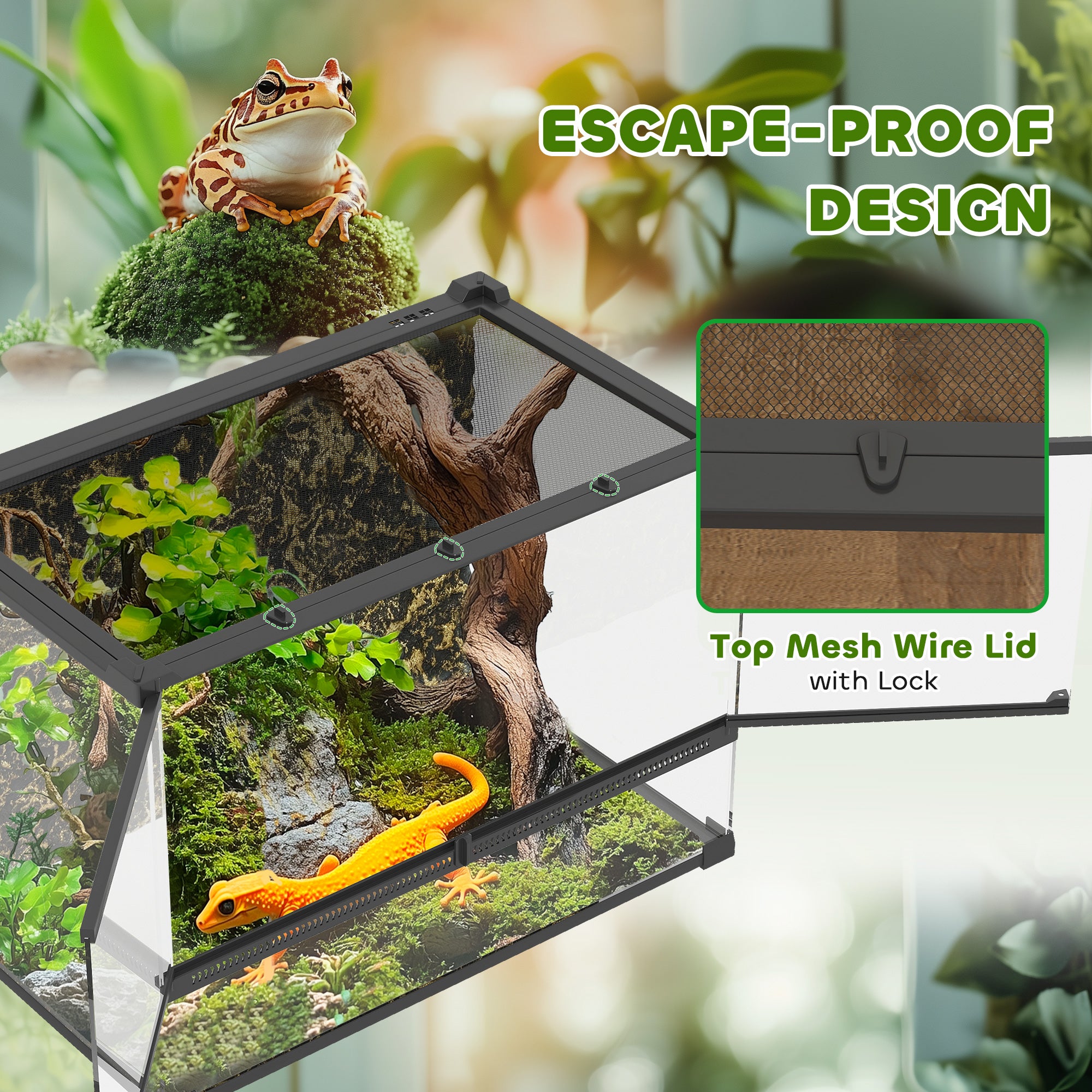 PawHut Reptile Glass Terrarium with Stone Background, Front Ventilation, Escape-Proof Knob Lock, 50 x 30 x 35 cm, Black