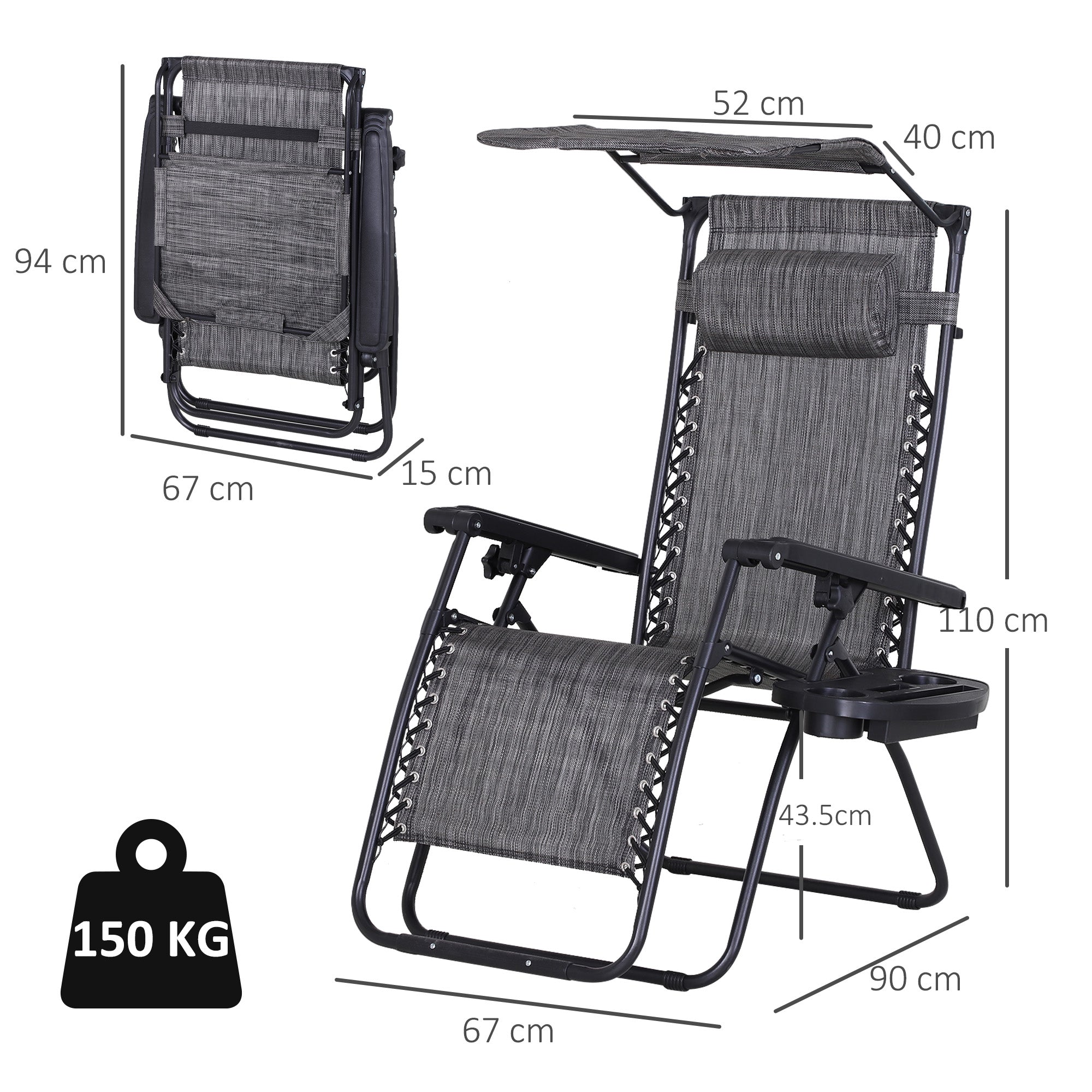 Outsunny 2 Piece Foldable Reclining Garden Chair with Headrest, Zero Gravity Deck Sun Lounger Seat Chair with Footrest, Armrest, Cup Holder & Canopy Shade, Grey - North Peak Garden Furniture