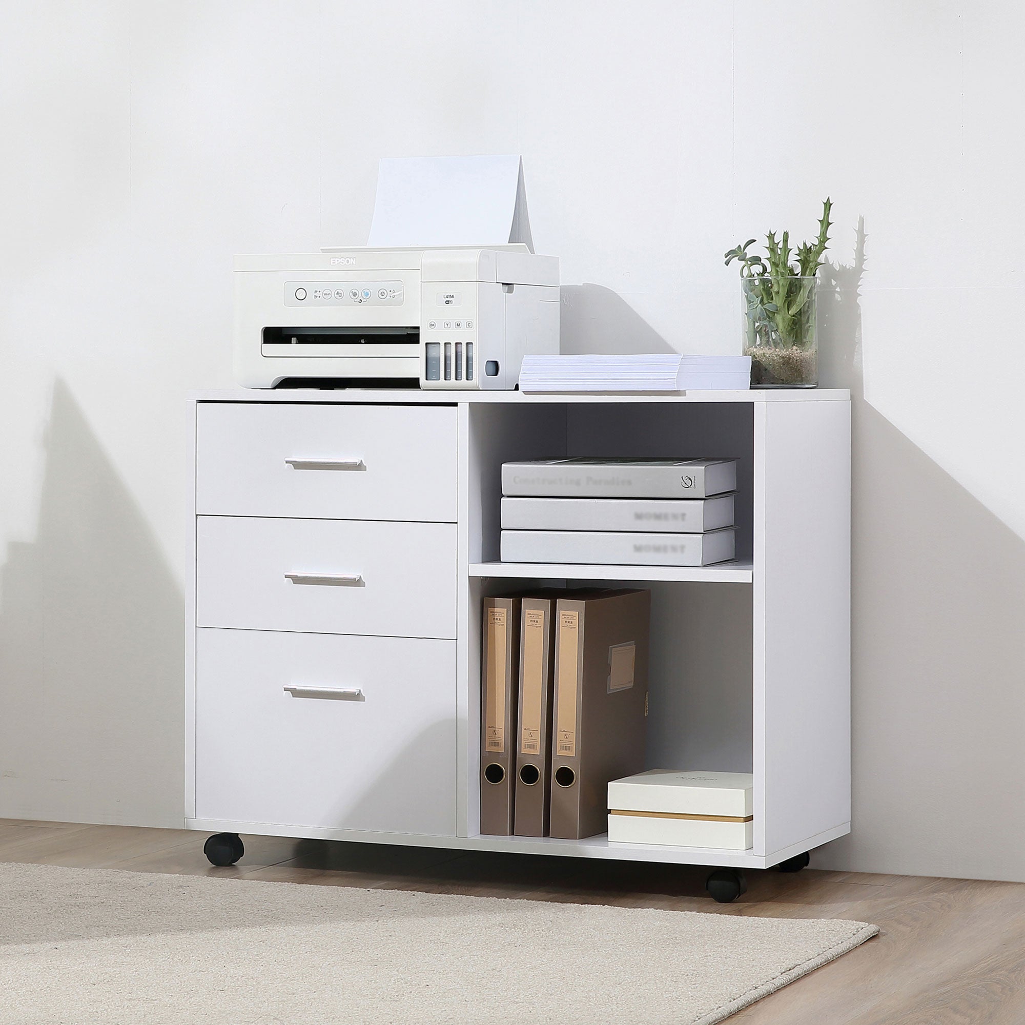 HOMCOM Freestanding Printer Stand Unit Office Desk Side Mobile Storage w/ Wheels 3 Drawers, 2 Open Shelves Modern Style 80L x 40W x 65H cm - White - North Peak Garden Furniture