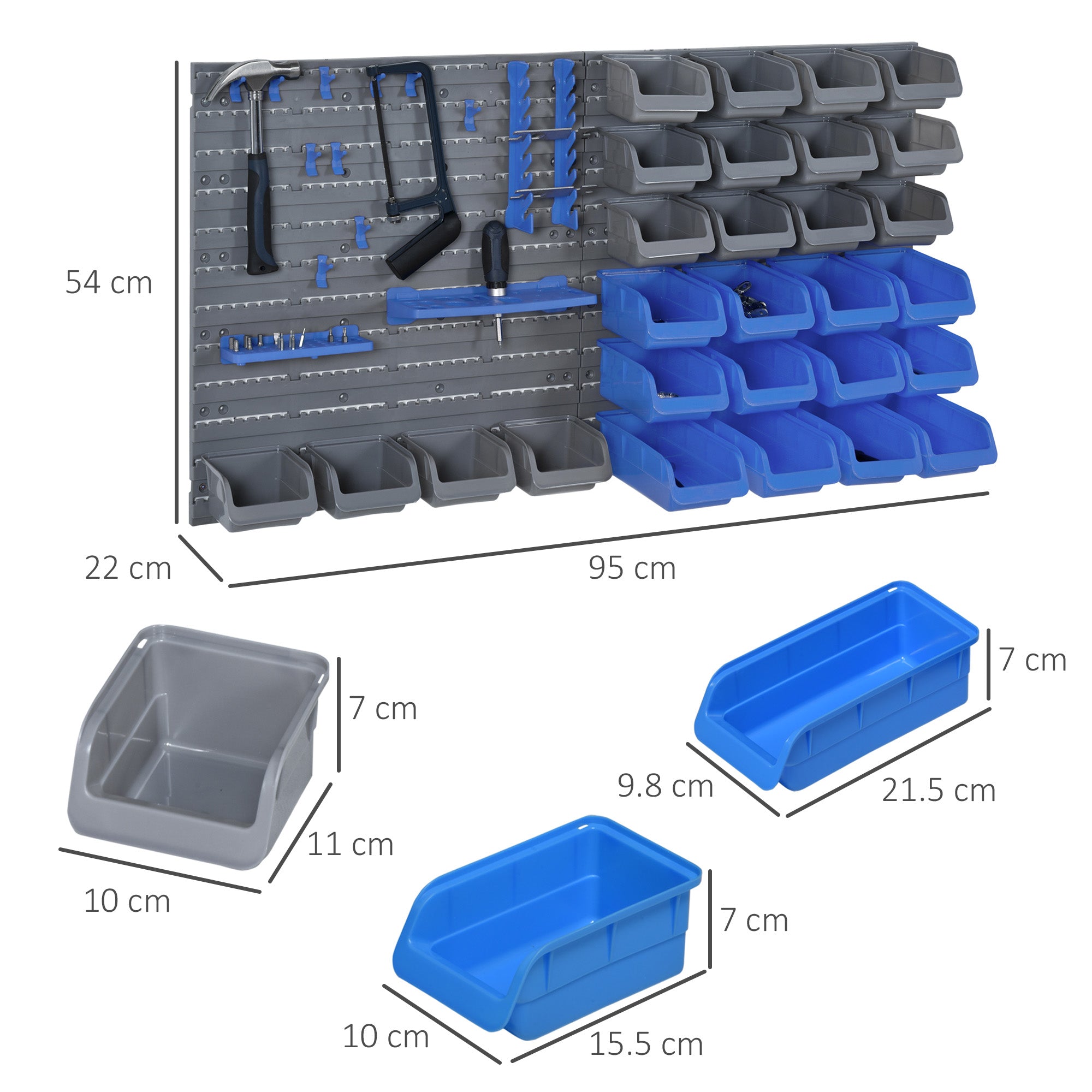 DURHAND 44 Piece Wall Mounted Tool Rack Organiser Storage Bins and Panel Set with Shelf Hook Screws Accessories Blue