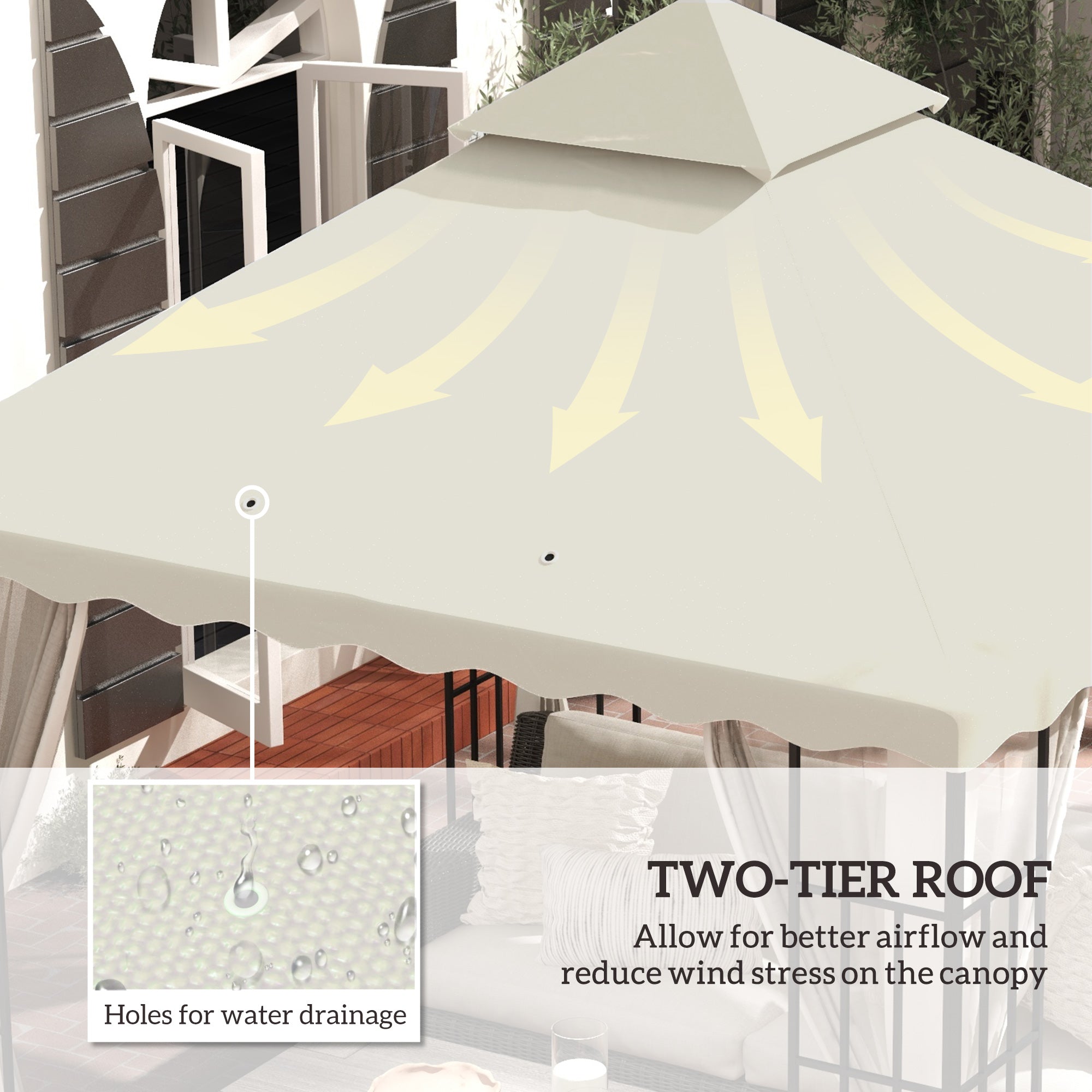 Outsunny 3 x 3 m Gazebo Canopy Replacement Covers, 2 - Tier Gazebo Roof Replacement TOP COVER ONLY, Cream White