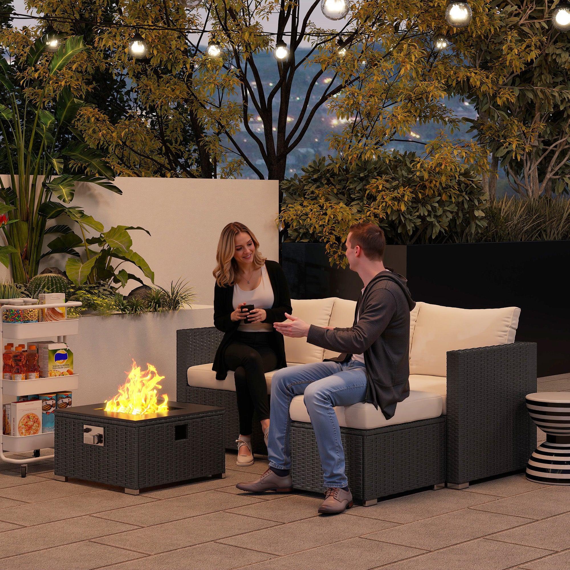 Outsunny Five Piece Rattan Garden Furniture Set with Gas Fire Pit Table and Footstool - Black and Cream White - North Peak Garden Furniture
