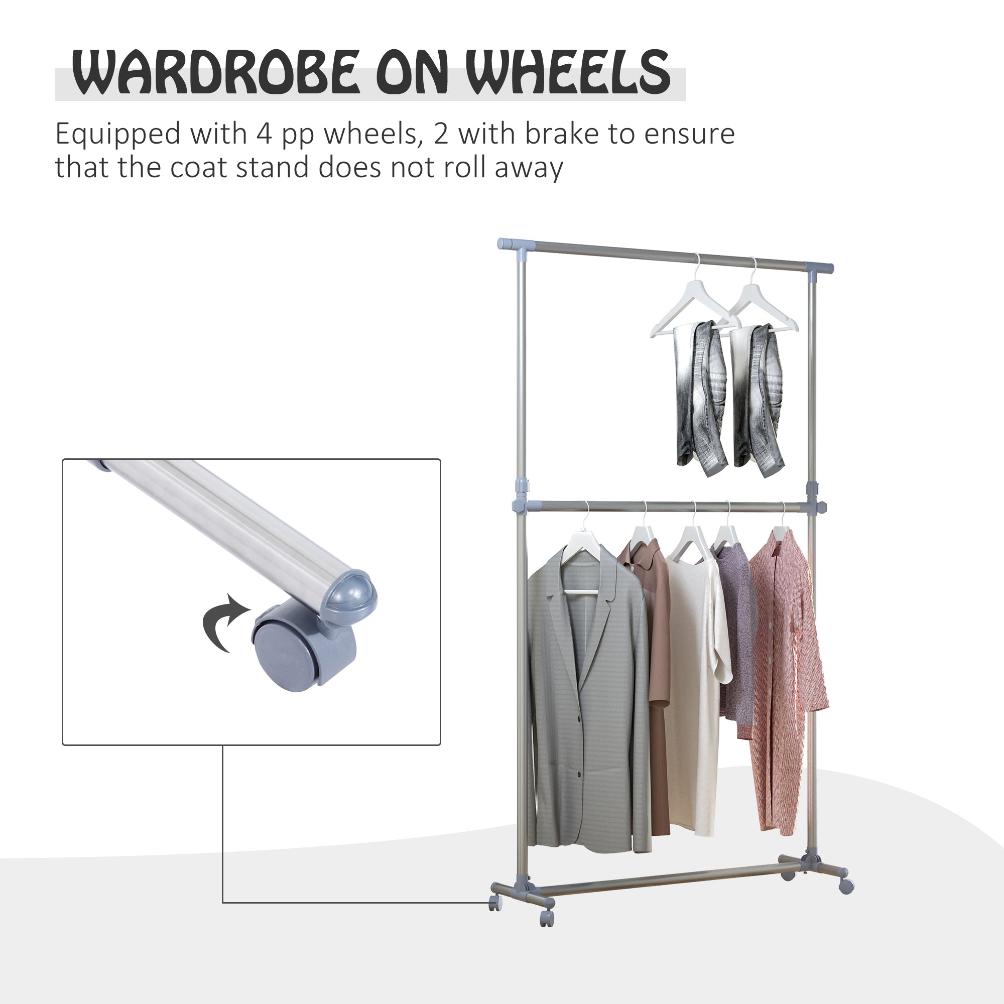 HOMCOM Heavy Duty Clothes Hanger Garment Rail Hanging Display Stand Rack w/ Wheels Adjustable - North Peak Garden Furniture
