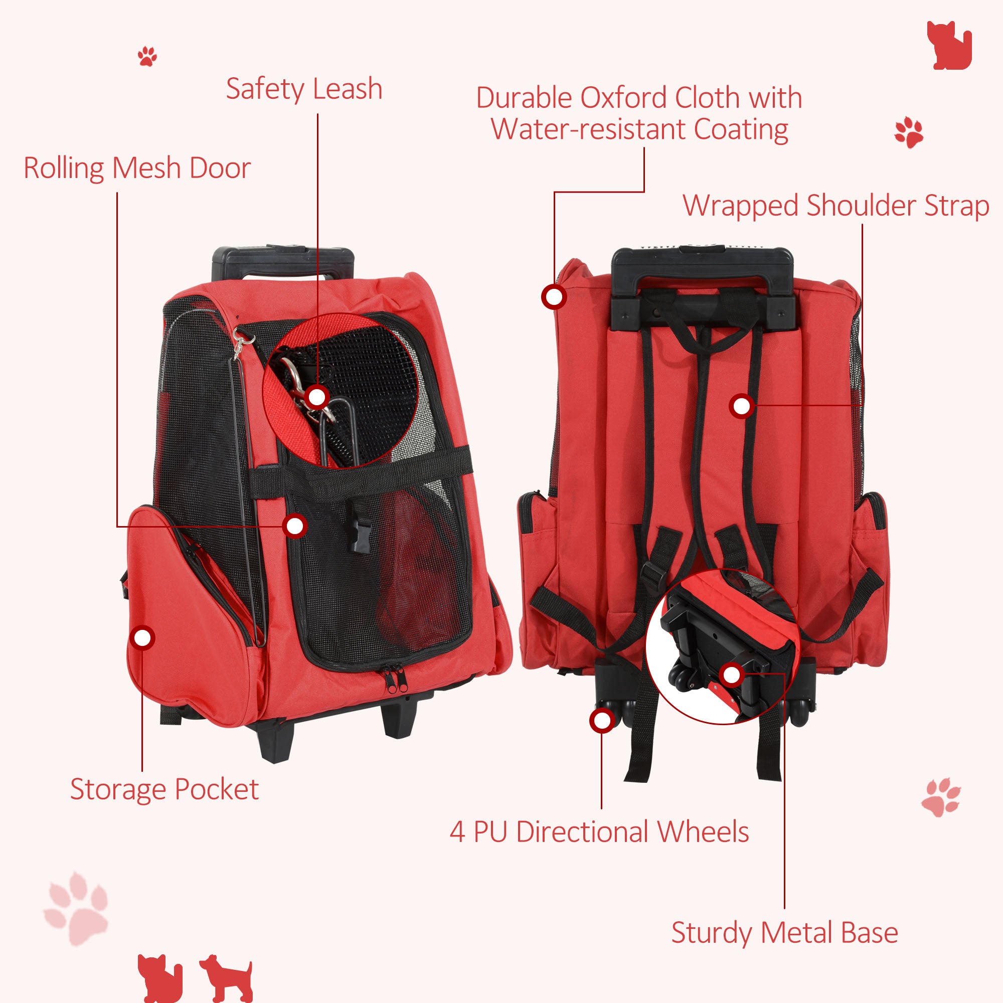 PawHut Pet Travel Backpack Bag Cat Puppy Dog Carrier w/ Trolley and Telescopic Handle Portable Stroller Wheel Luggage Bag (Red) - North Peak Garden Furniture