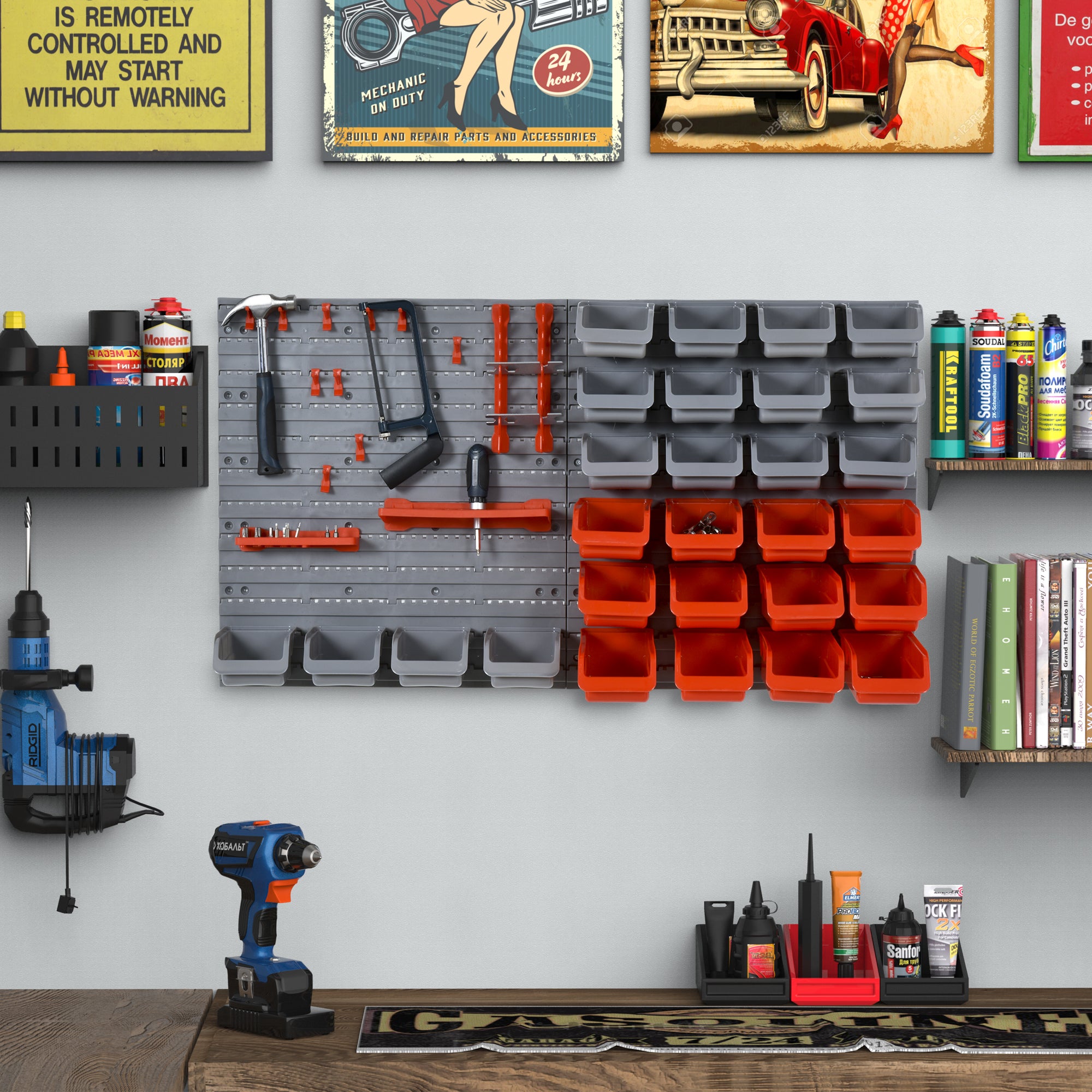 DURHAND 44 Piece Wall Mounted Tool Rack Organiser Storage Bins and Panel Set with Shelf Hook Screws Accessories Red - North Peak Garden Furniture
