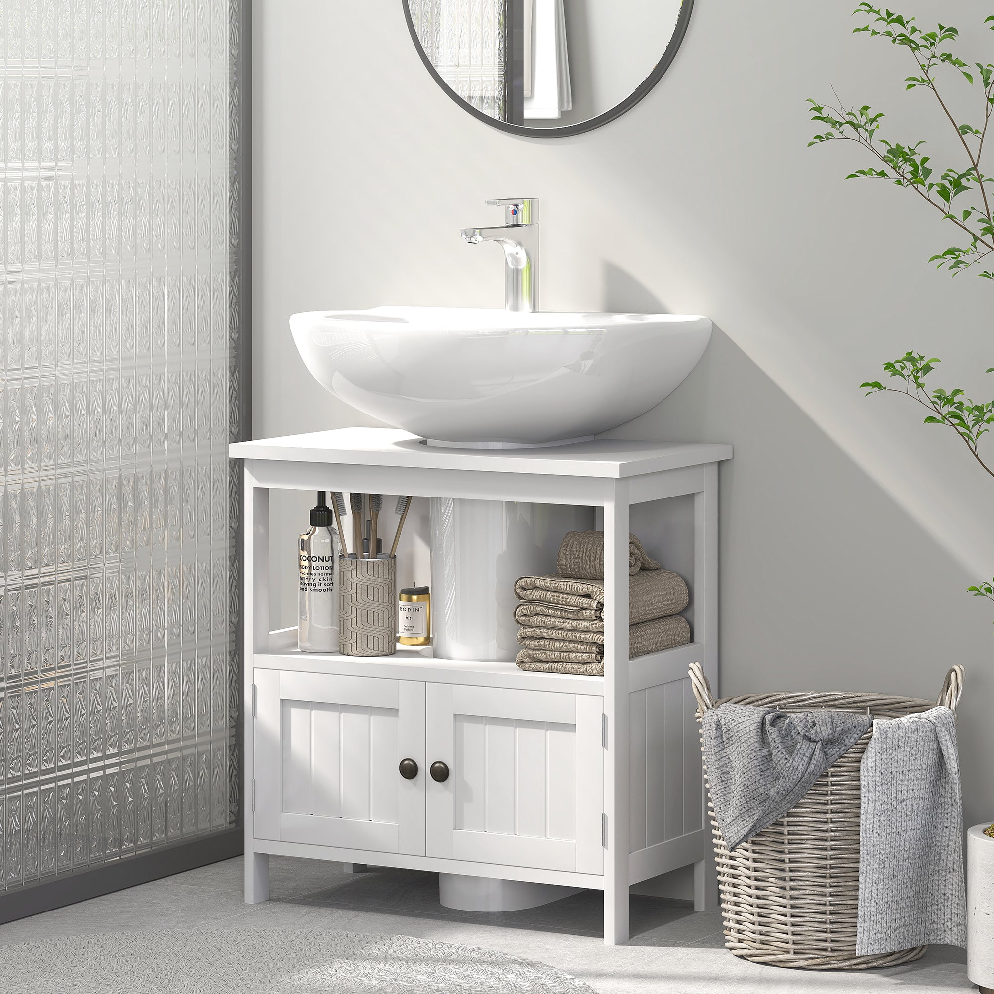 kleankin Pedestal Under Sink Cabinet with Double Doors, Modern Bathroom Vanity Storage Unit with Shelves, White - North Peak Garden Furniture
