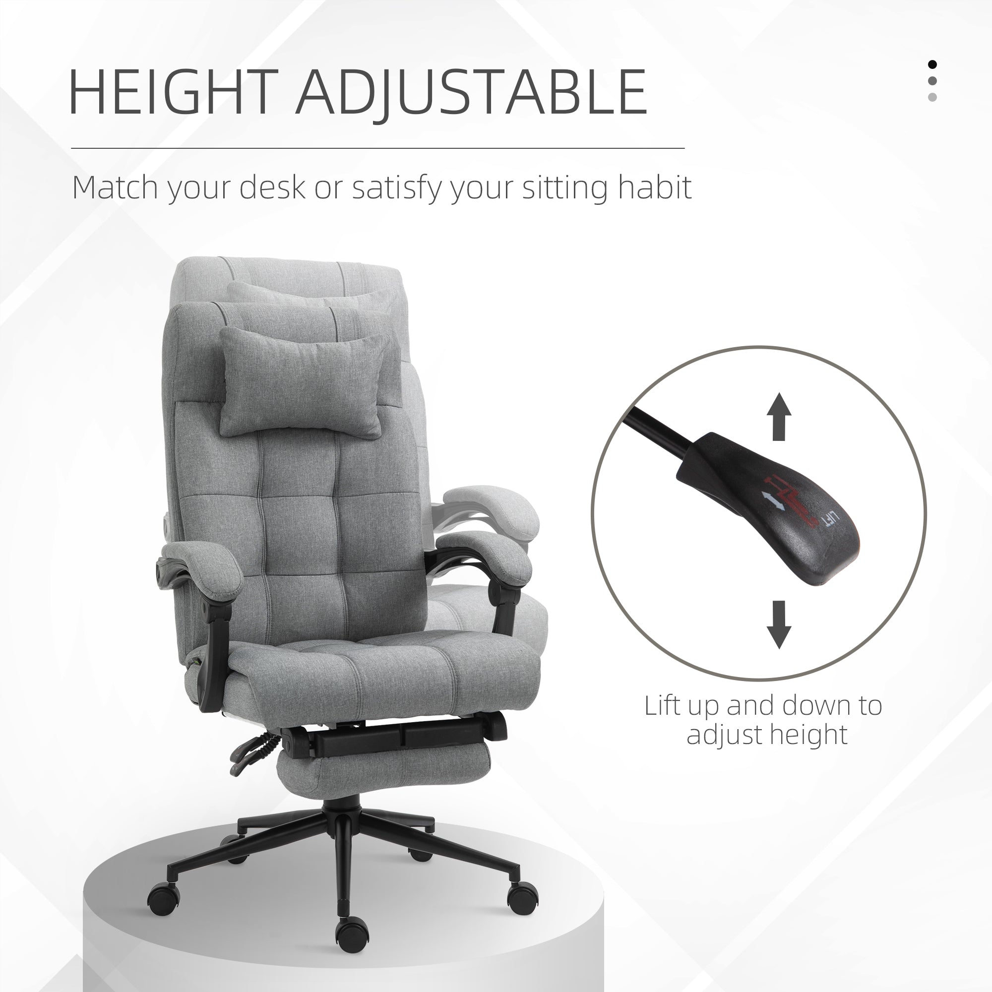 Vinsetto Office Chair with Footrest Ergonomic Office Chair with Armrests Lumber Support and Headrest Light Grey - North Peak Garden Furniture