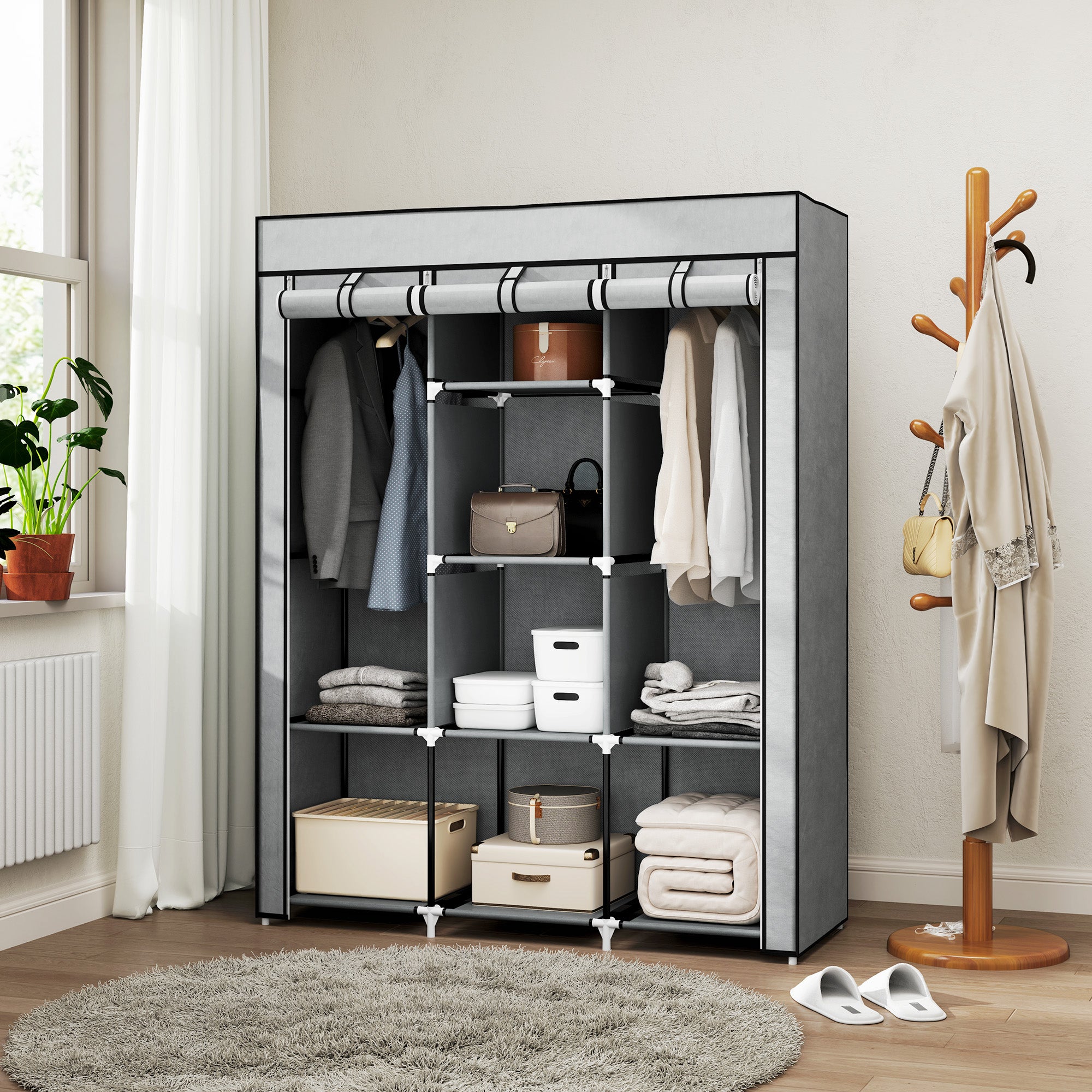 HOMCOM Fabric Wardrobe, Portable Wardrobe, Clothes Storage Unit with 8 Shelves, 2 Hanging Rods, 125 x 43 x 162.5 cm, Light Grey - North Peak Garden Furniture