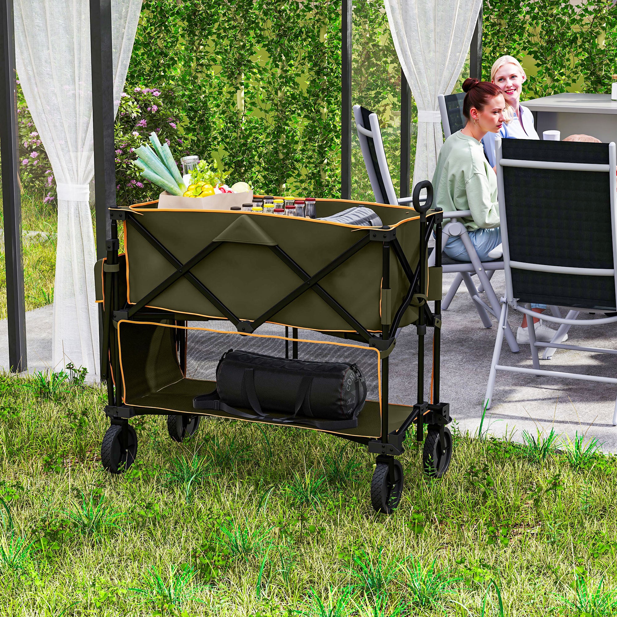 Outsunny Double Decker Folding Trolley on Wheels, 200KG & 350L Capacity Collapsible Wagon Festival Trolley Cart with 134cm Extended for Camping Sports Shopping Garden and Beach, Grey - North Peak Garden Furniture