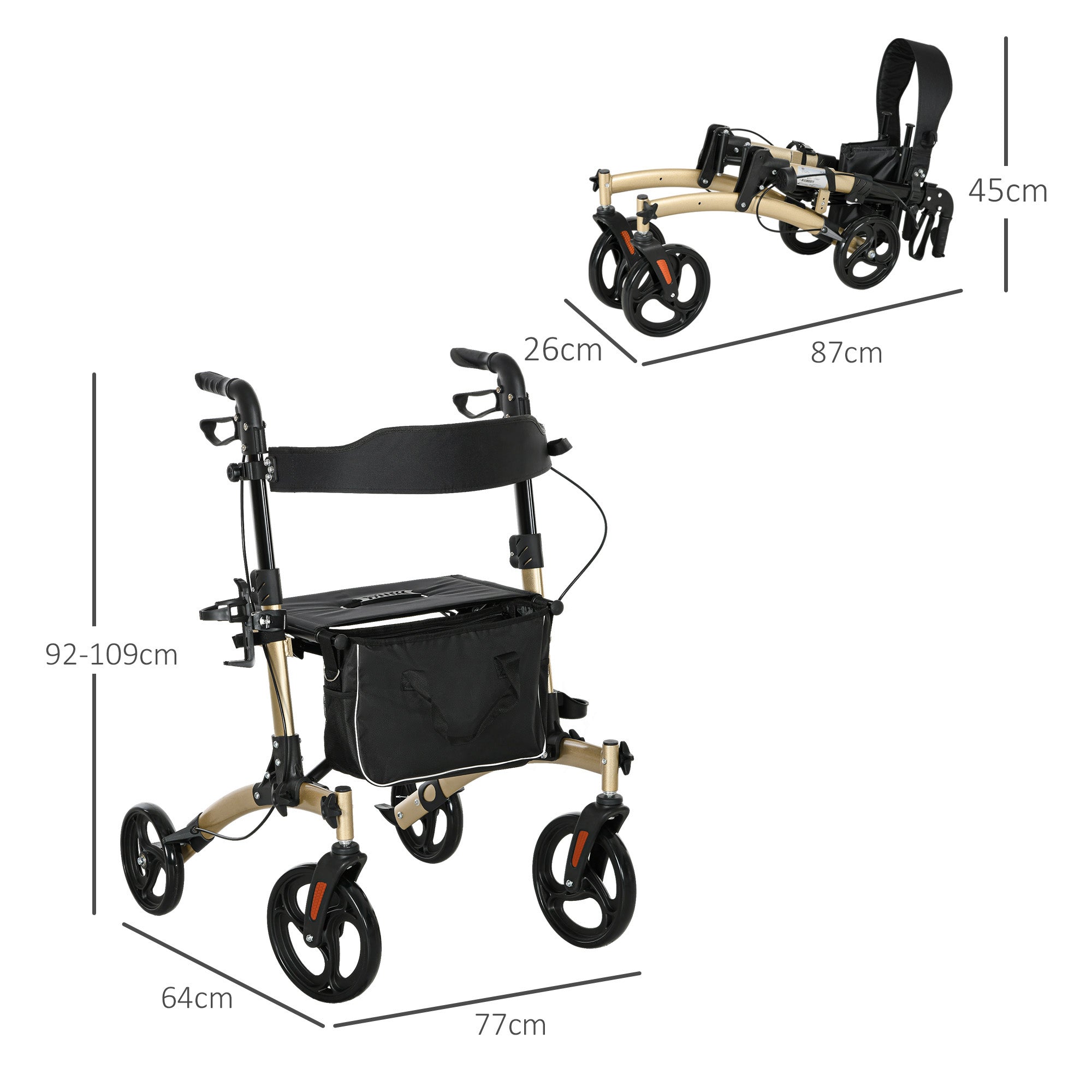 HOMCOM Folding Rollator with Cane Holder, Adjustable Handle Height and Aluminum Frame, 4 Wheeled Mobility Walker with Seat and Bag, Gold - North Peak Garden Furniture