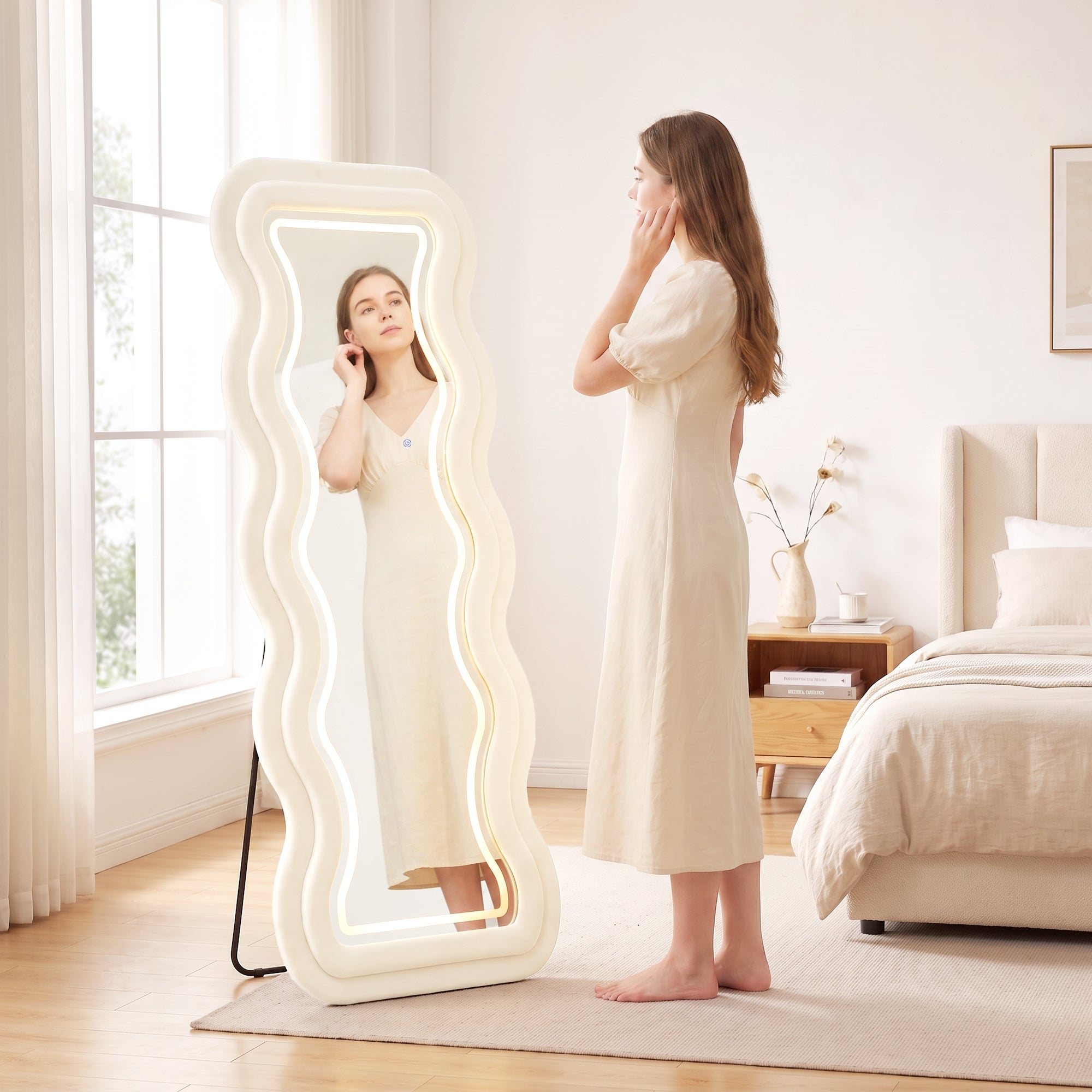 HOMCOM Full Length Mirror, 160 x 60 cm Wavy Full Body Wall Standing Mirror with Velvet Frame and LED Light Strip, Cream White