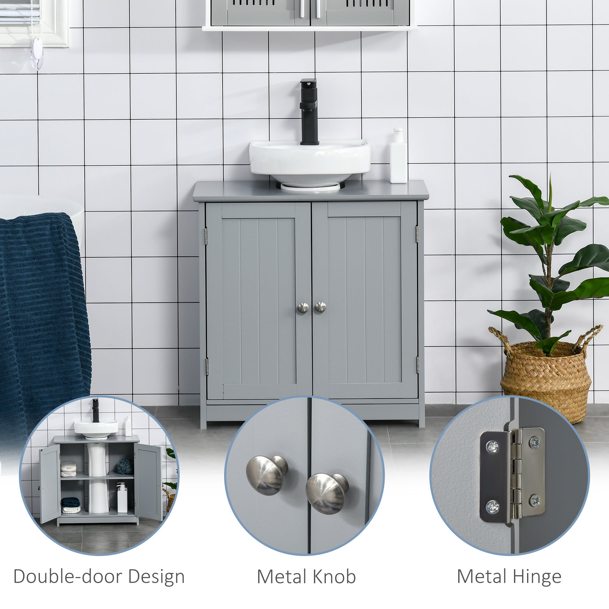 kleankin 60x60cm Under-Sink Storage Cabinet w/ Adjustable Shelf Handles Drain Hole Bathroom Cabinet Space Saver Organizer Grey - North Peak Garden Furniture