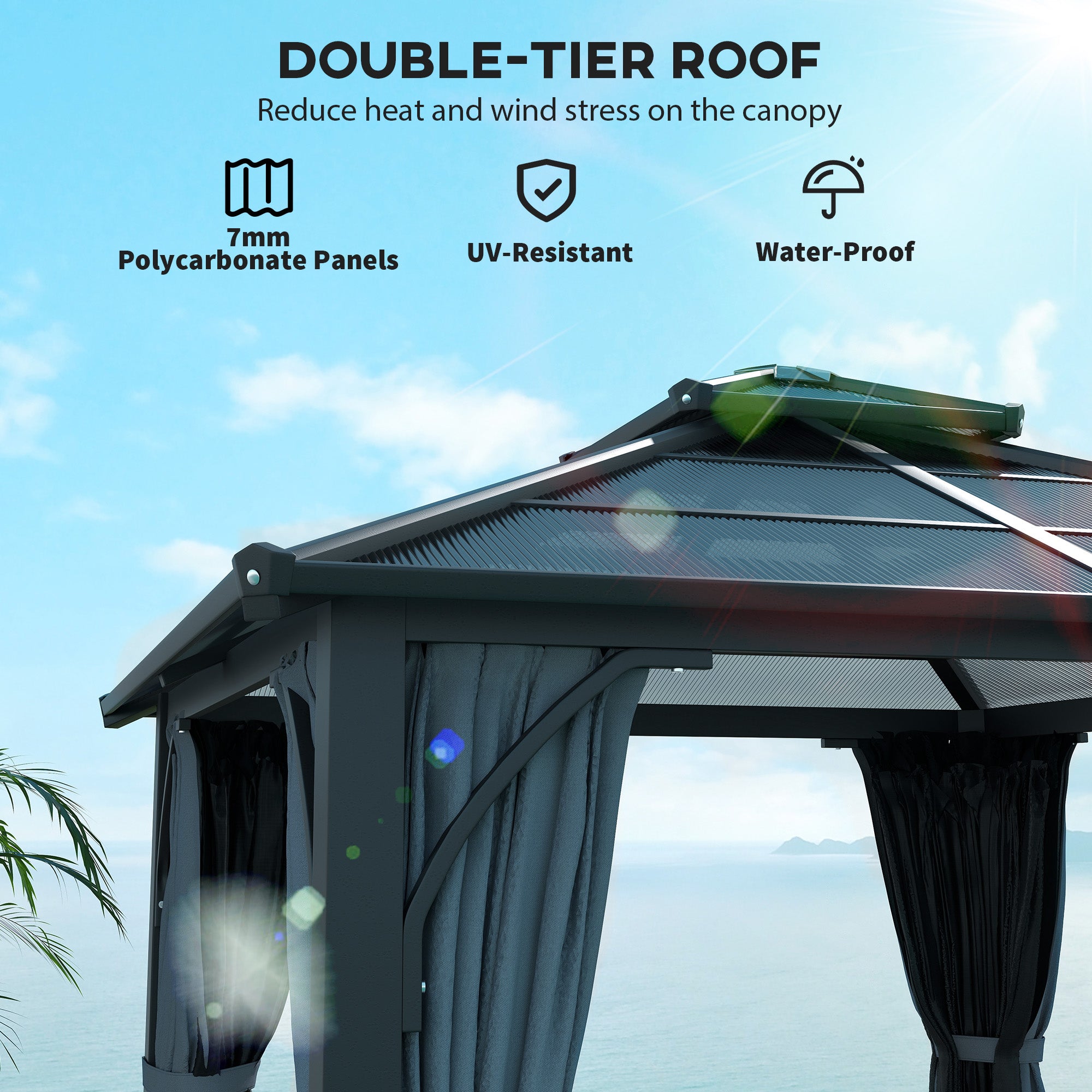 Outsunny 3 x 3(m) Hardtop Gazebo Canopy with 7mm Polycarbonate Double-Tier Roof, Garden Gazebo Permanent Pavilion with Mosquito Netting and Curtains for Patio, Deck, Dark Grey