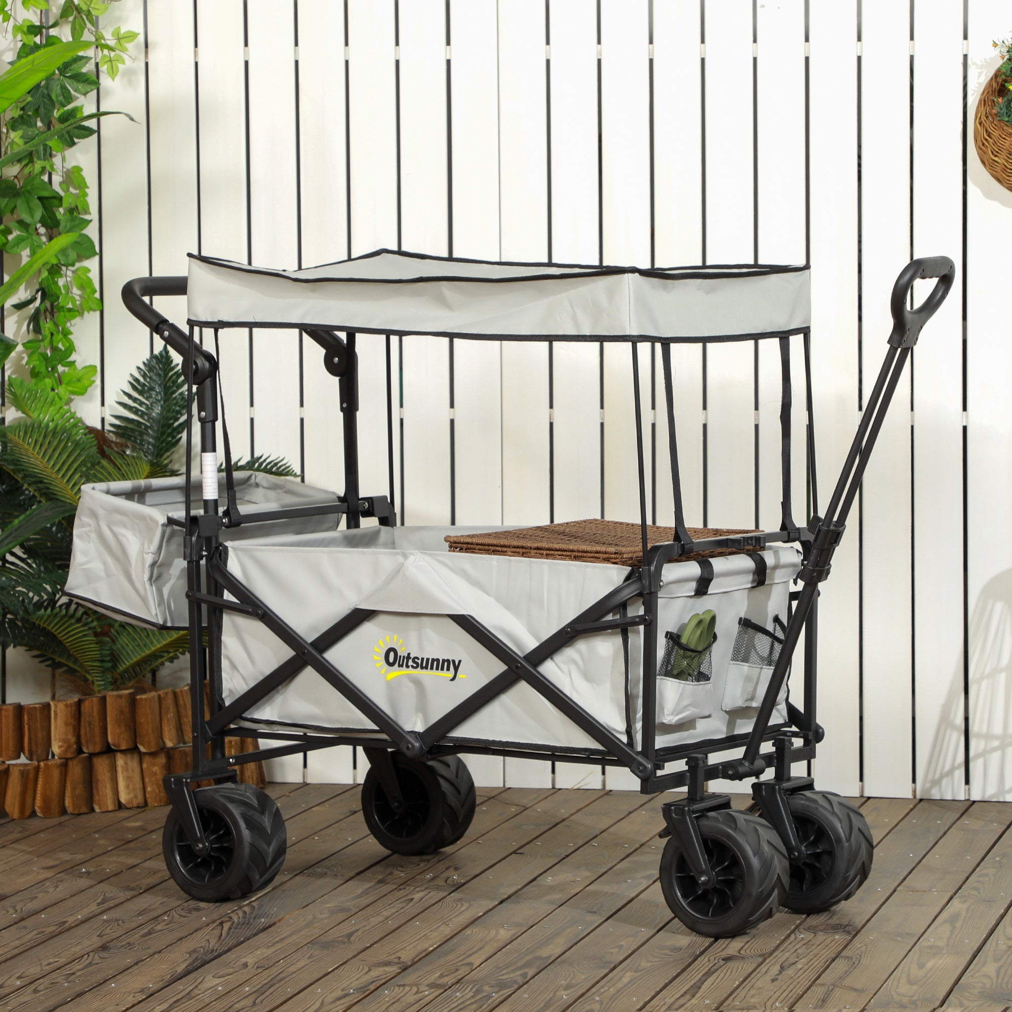 Outsunny Folding Trolley Cart Storage Wagon Beach Trailer 4 Wheels with Handle Overhead Canopy Cart Push Pull for Camping, Grey - North Peak Garden Furniture