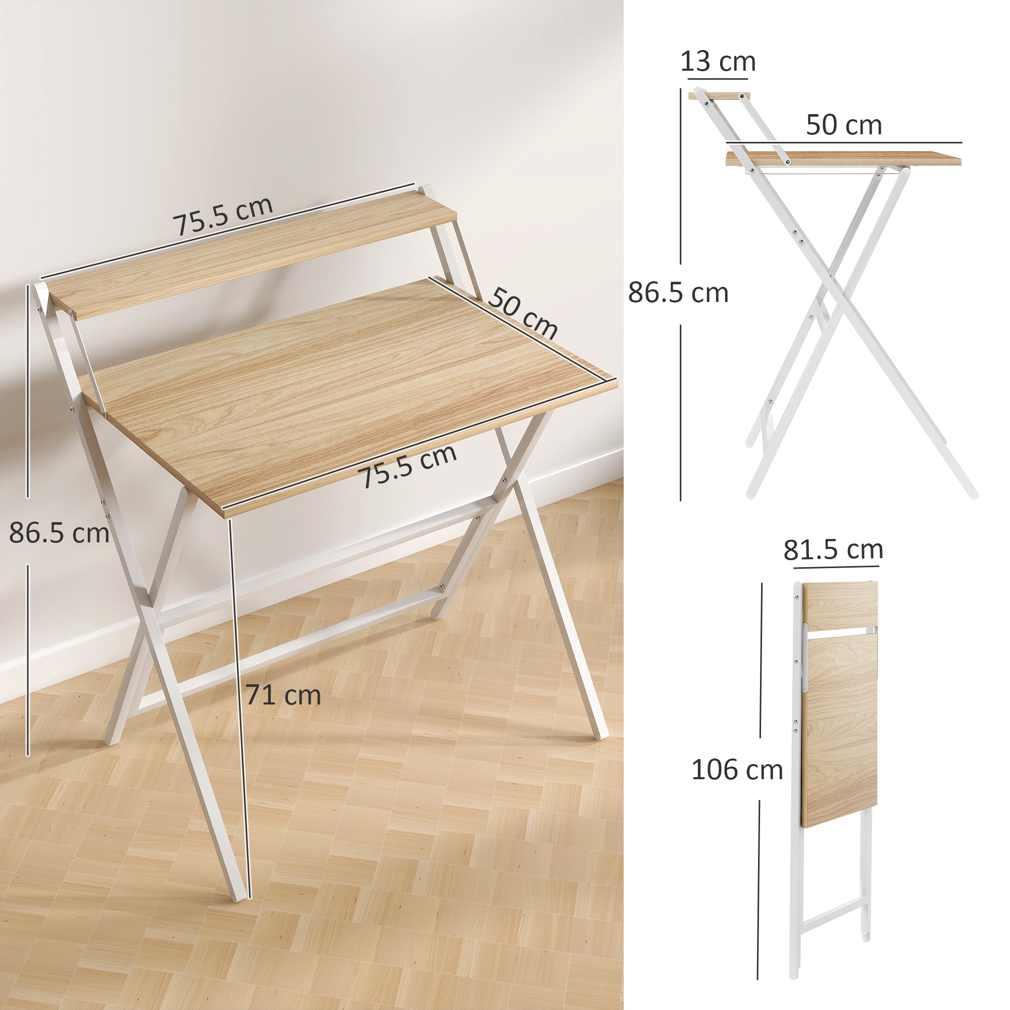 HOMCOM 81.5 cm Folding Computer Desk with Monitor Shelf - Natural Wood Finish - North Peak Garden Furniture