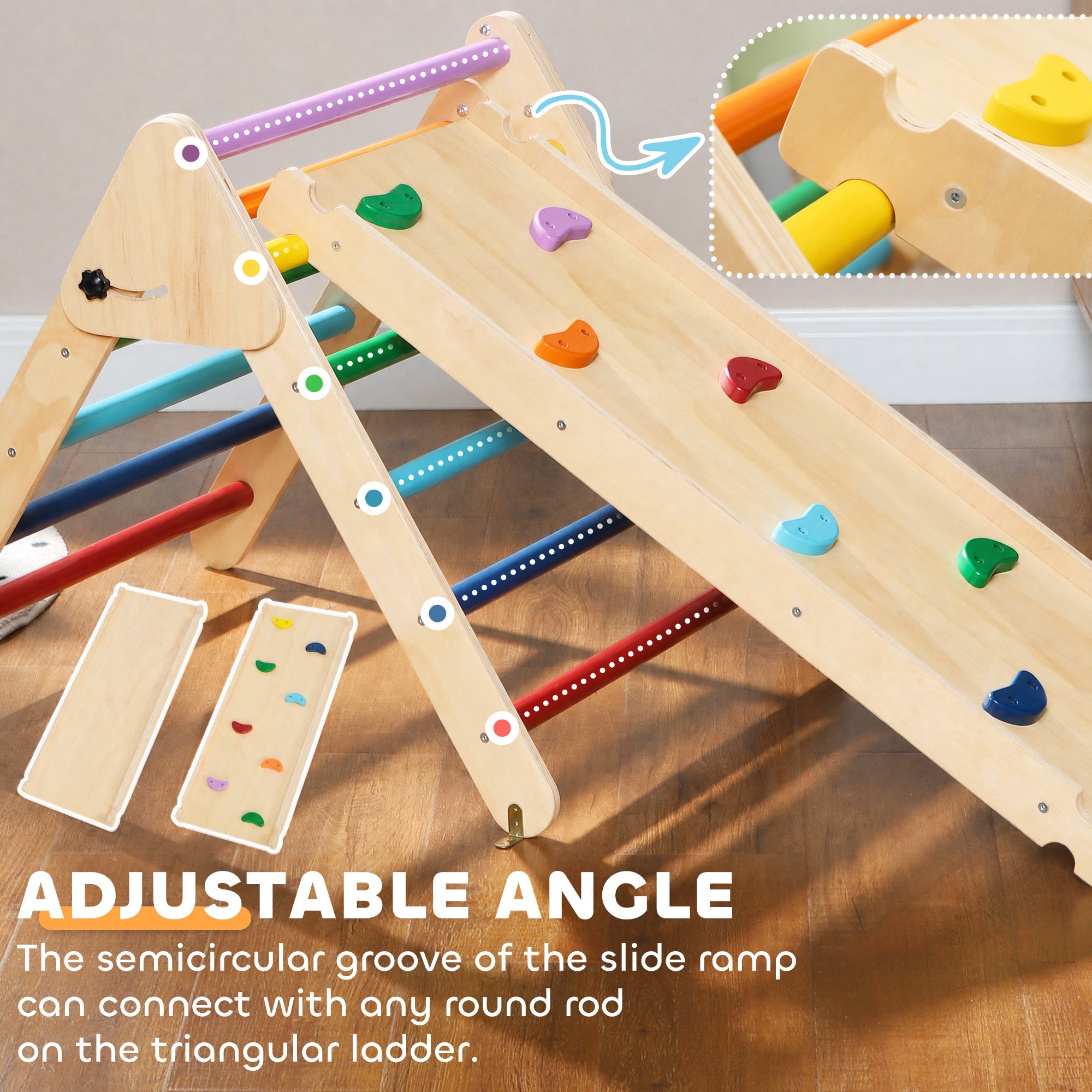 AIYAPLAY Toddler Climbing Frame for Kids with Ramp, 3 in 1 Wooden Pikler Triangle Set for 18-48 Months, Multicolour