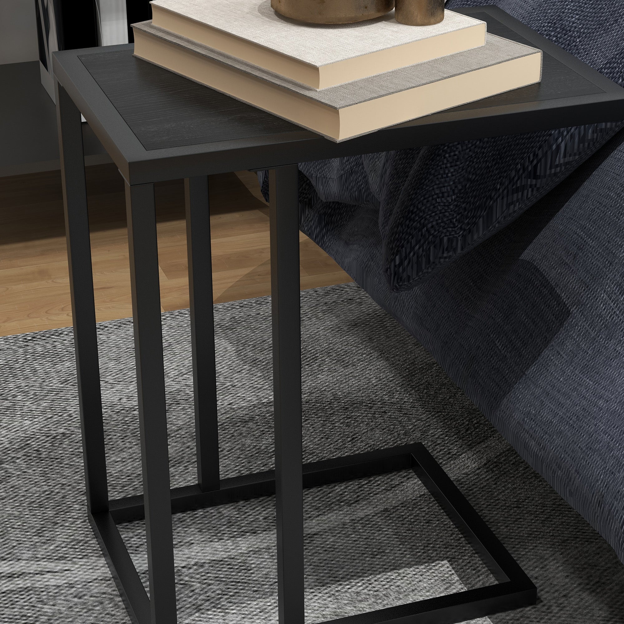 HOMCOM C Shape Bedside Table w/Metal Frame Wood-Effect Top Sofa Narrow Snack End Table for Living Room, Black - North Peak Garden Furniture