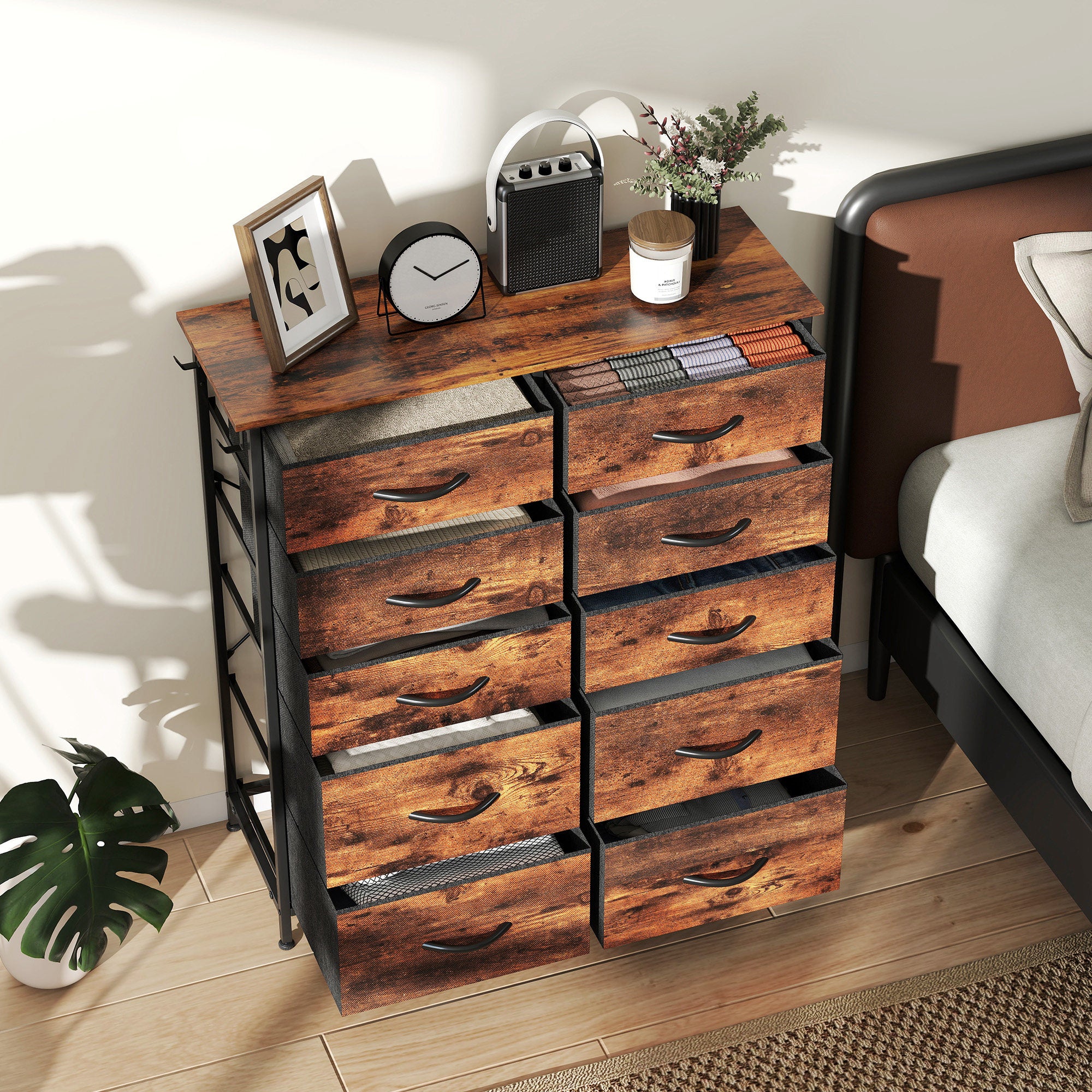 HOMCOM Chest of Ten Fabric Drawers - Rustic Brown