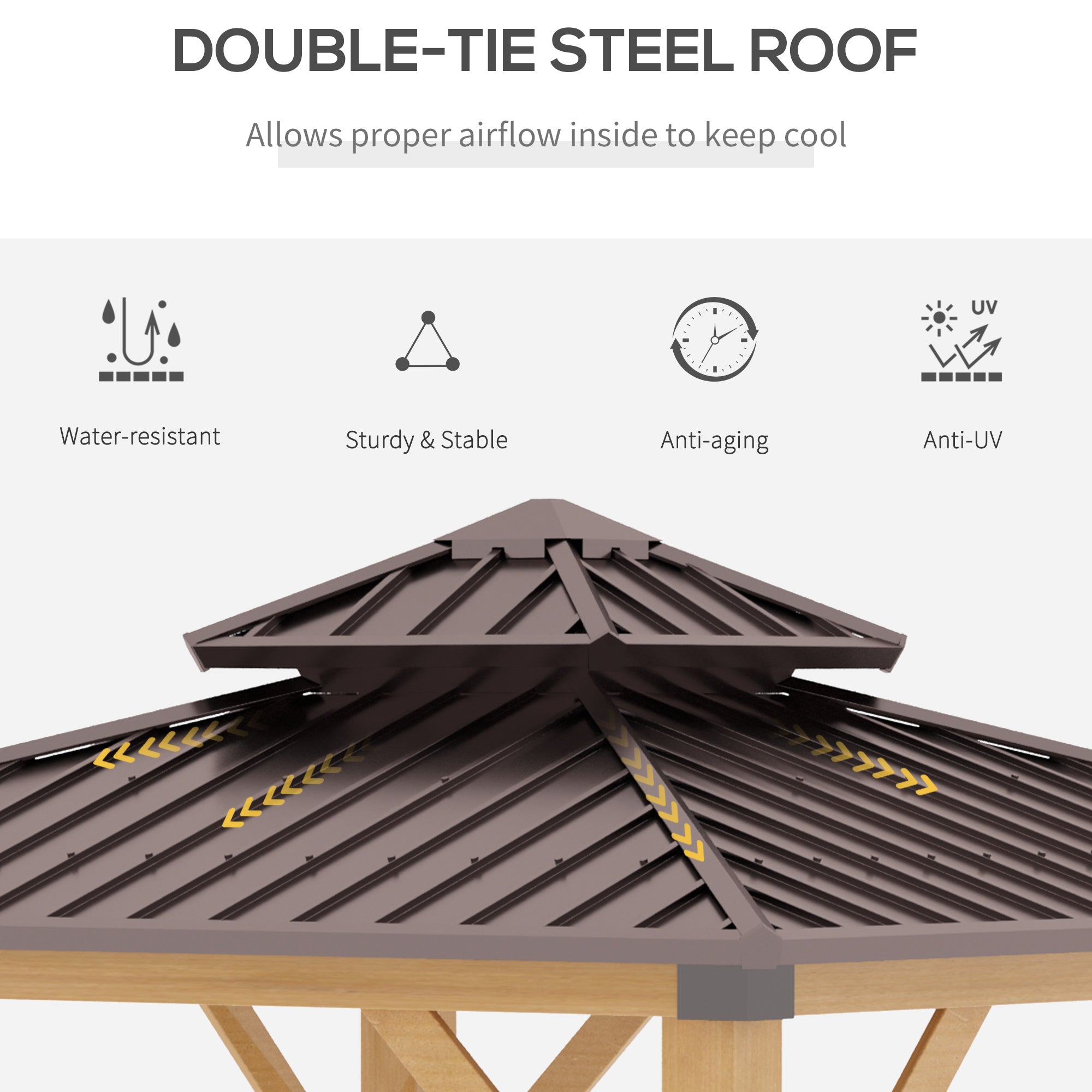 Outsunny 3x(3)M Outdoor Hardtop Gazebo Canopy with 2-Tier Roof and Solid Wood Frame, Outdoor Patio Shelter for Patio, Garden, Brown - North Peak Garden Furniture
