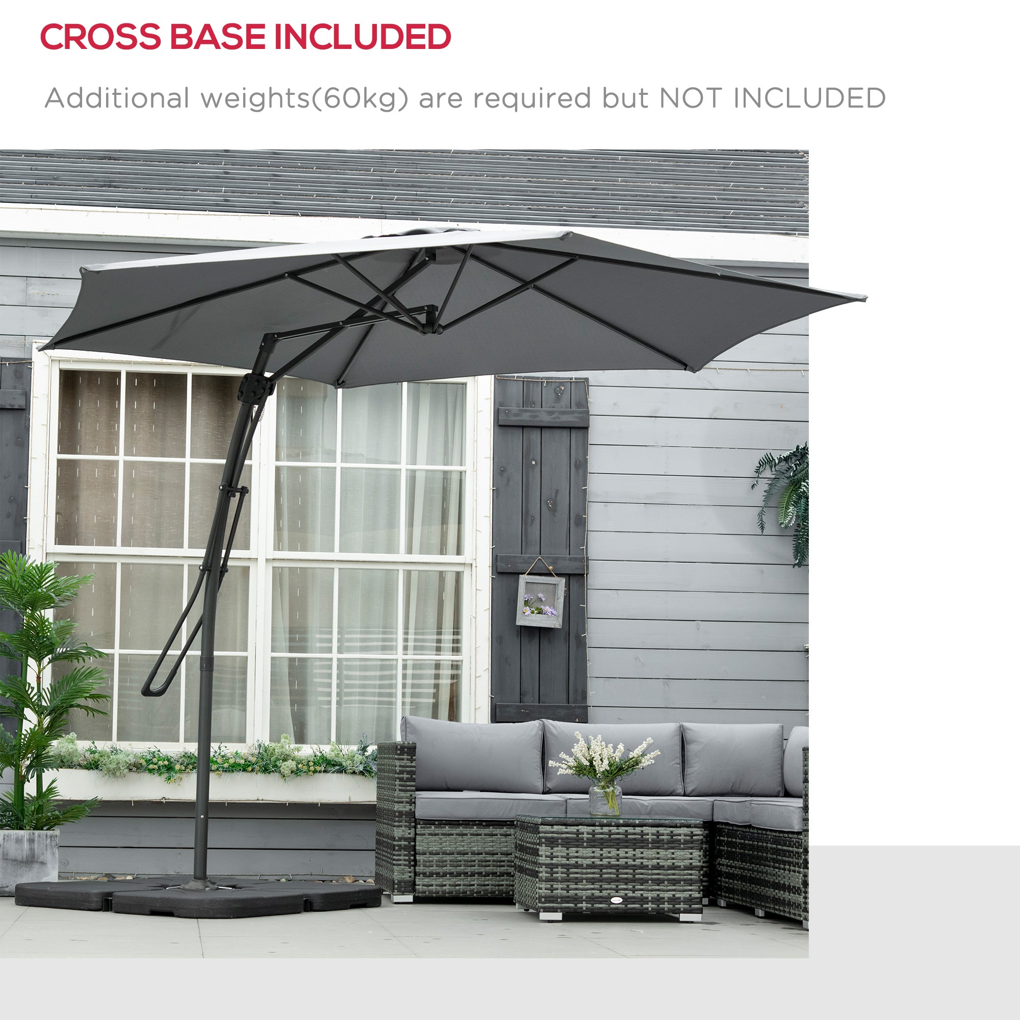 Outsunny 3m Cantilever Parasol with Easy Lever, Patio Umbrella with Crank Handle, Cross Base and 6 Metal Ribs, Outdoor Sun Shades for Garden, Grey - North Peak Garden Furniture