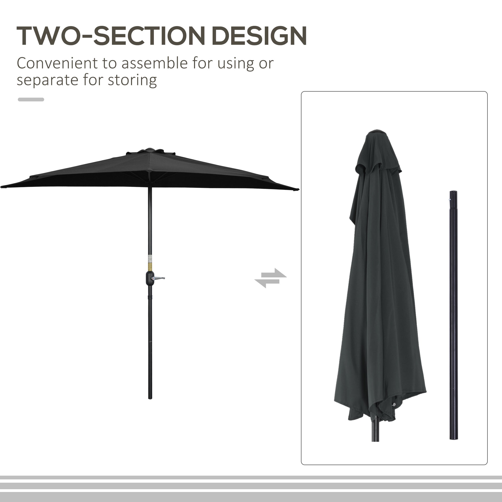Outsunny 2.7m Garden Half Parasol, Outdoor Balcony Umbrella with 5 Steel Ribs, Patio Sun Shade, Black - North Peak Garden Furniture