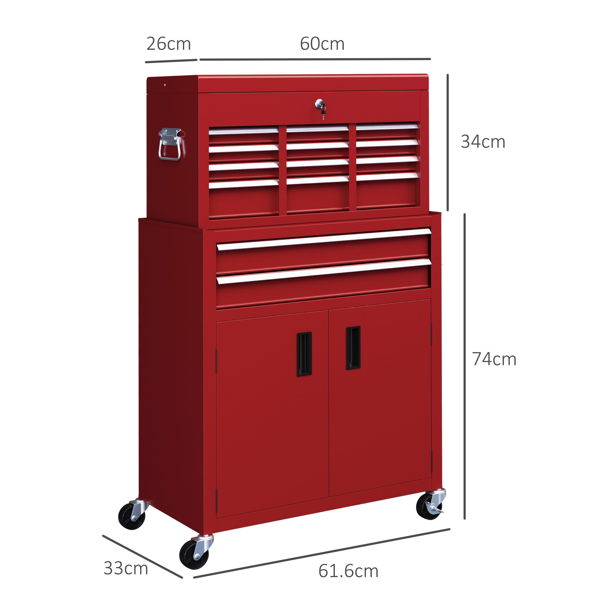 HOMCOM Portable Tool Box, Metal Tool Chest on Wheels with 6 Drawers for Garage and Workshop, Red - North Peak Garden Furniture
