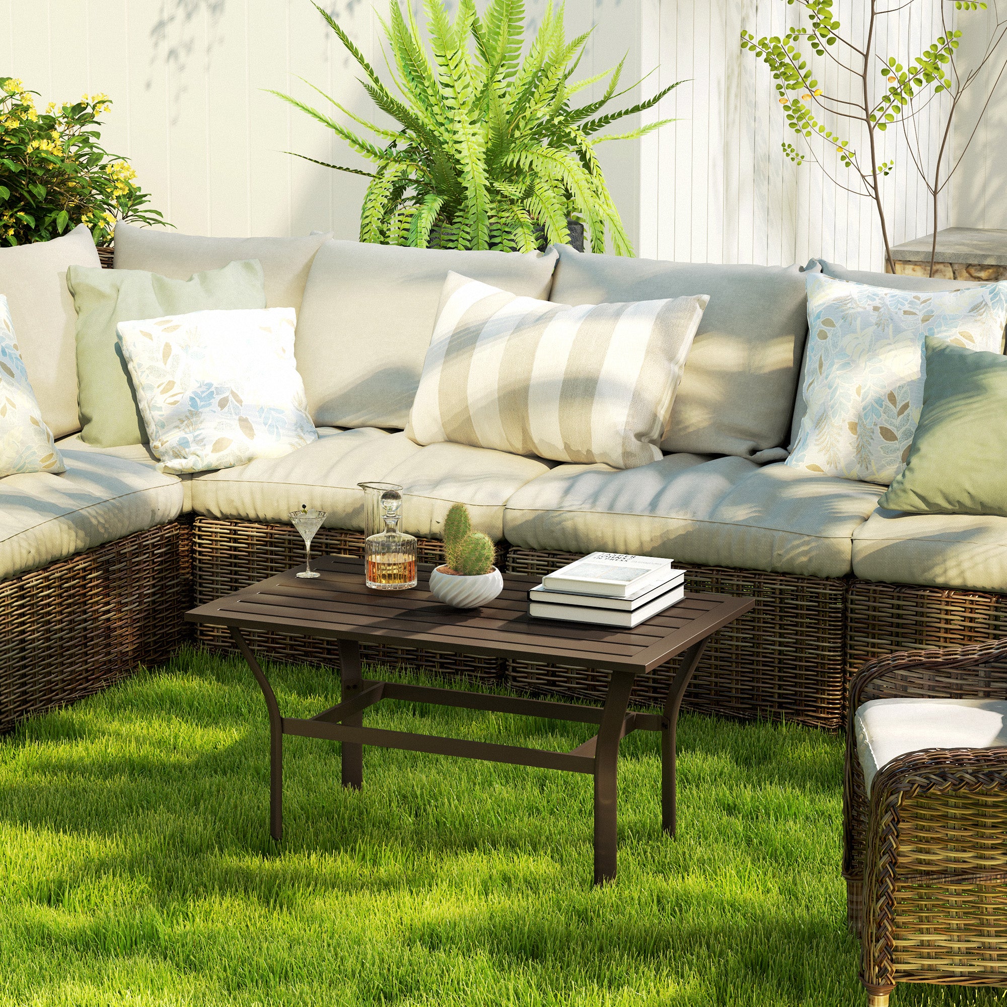 Outsunny Metal Garden Coffee Table, Rectangular Outdoor Side Table with Slatted Tabletop, Foot Pads for Outside, Garden, Balcony, Porch, 91.5 x 55 x 45cm, Brown - North Peak Garden Furniture