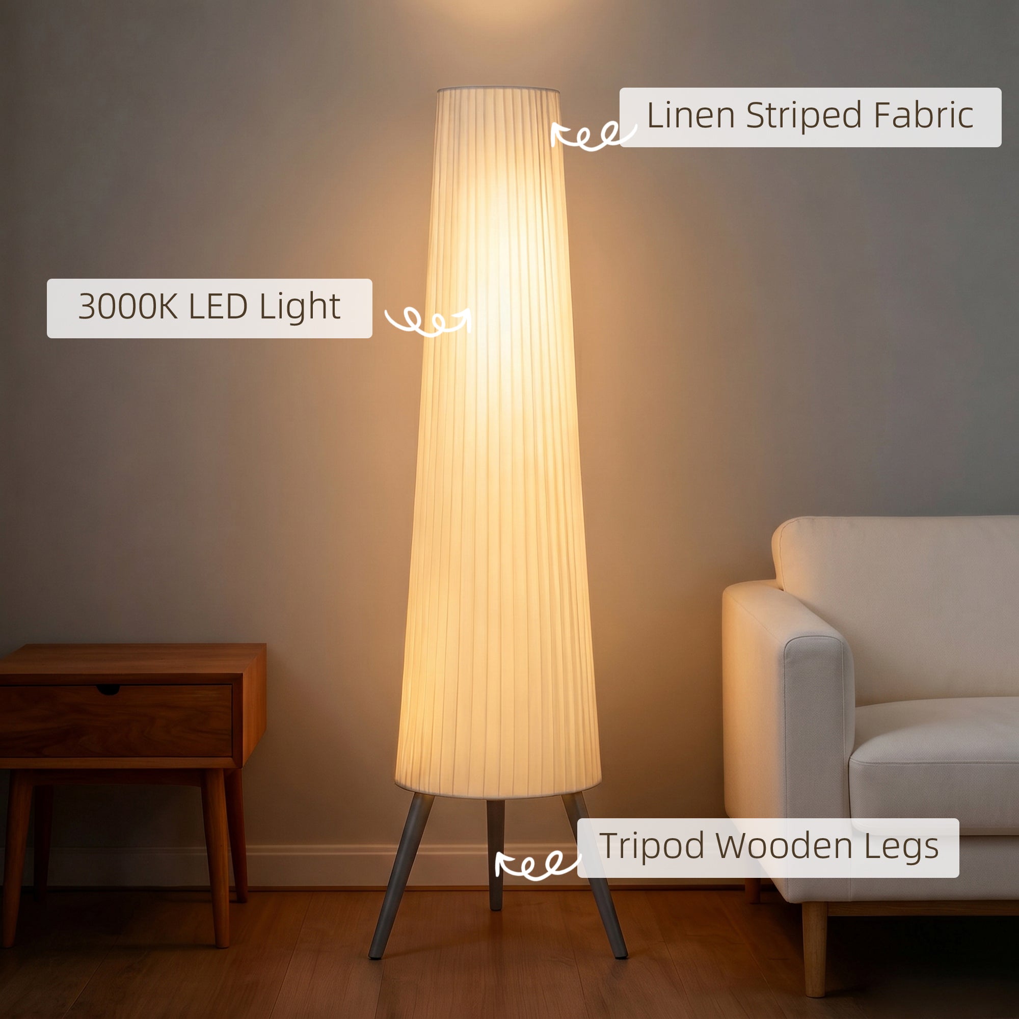 HOMCOM Dimmable Tripod Floor Lamp with Foot Switch, Nordic Standing Lamp with Fabric Shade, 153cm, White