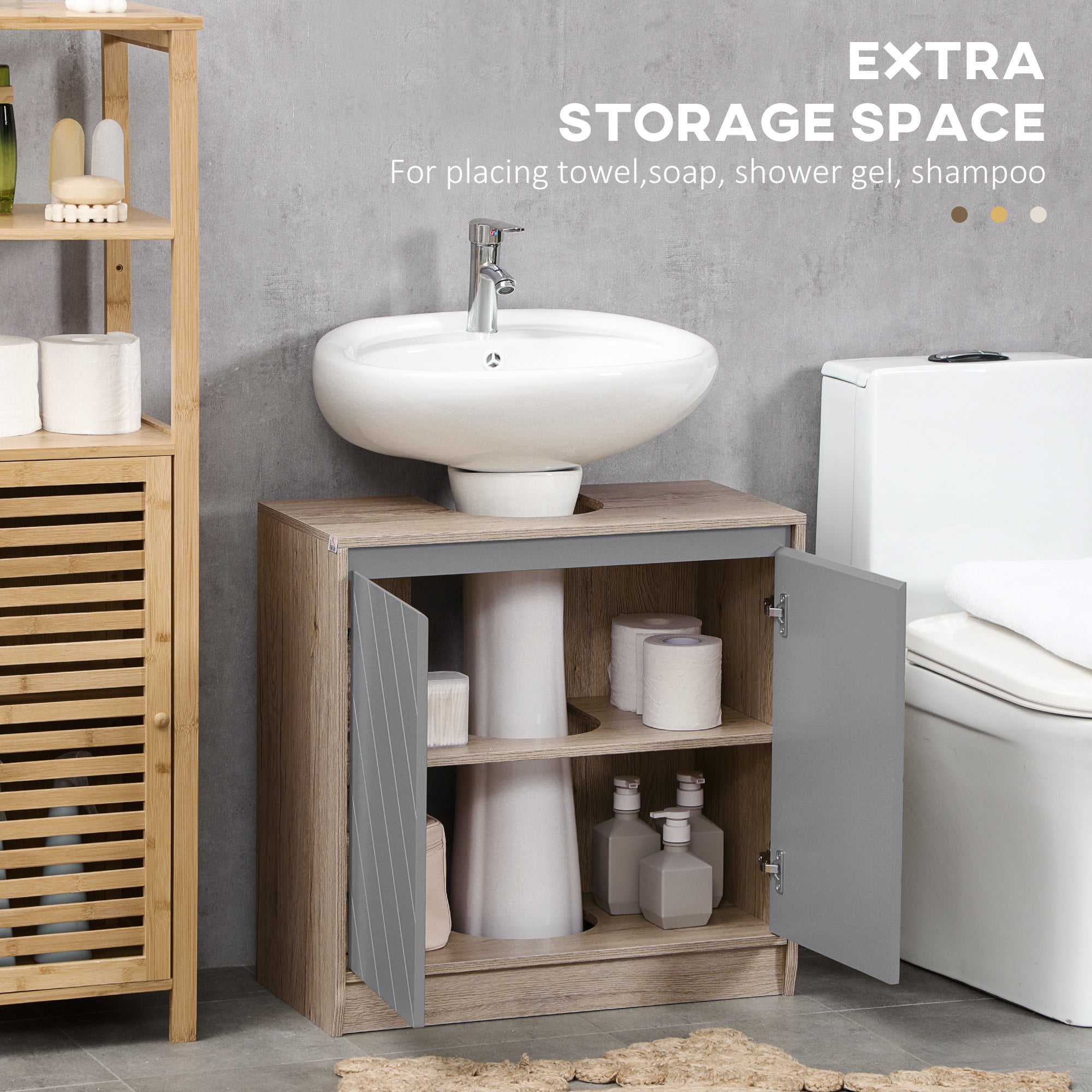 HOMCOM Under Sink Storage Cabinet Floor Standing Cupboard w/ Adjustable Shelf Bathroom Cabinet 2 Doors Versatile Style Grey - North Peak Garden Furniture