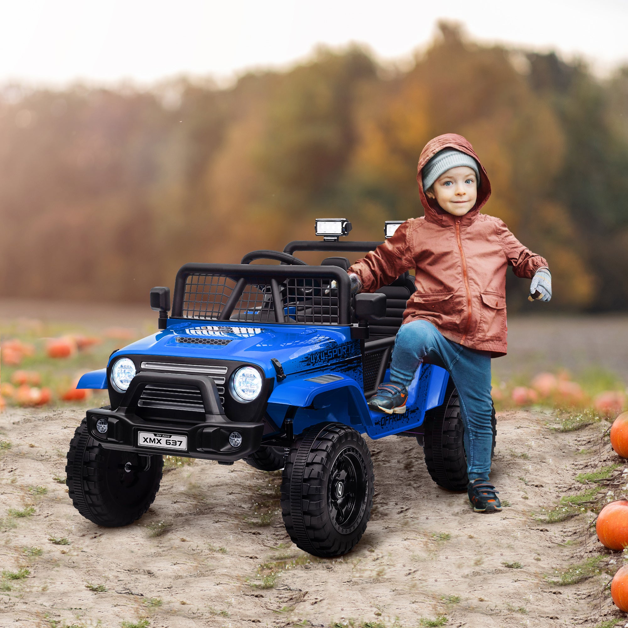 AIYAPLAY 12V Battery Powered Kids Ride On Car, Electric Truck w/ Spring Suspension, Remote, Music Horn Lights - Blue - North Peak Garden Furniture