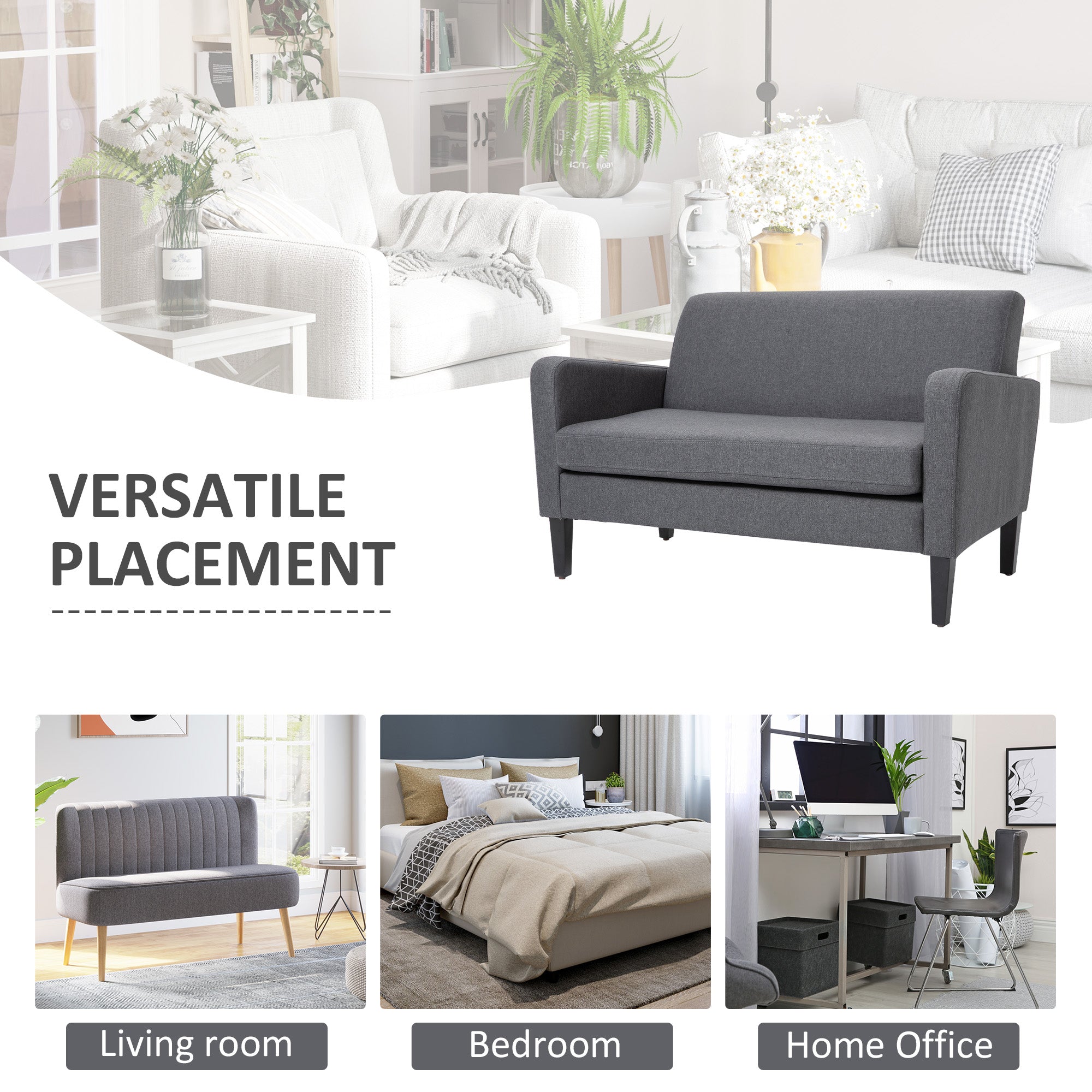 HOMCOM Linen Modern-Curved 2-Seat Sofa Loveseat w/ Thick Cushion Wood Legs Foot Pads Single Compact Home Furniture Grey - North Peak Garden Furniture