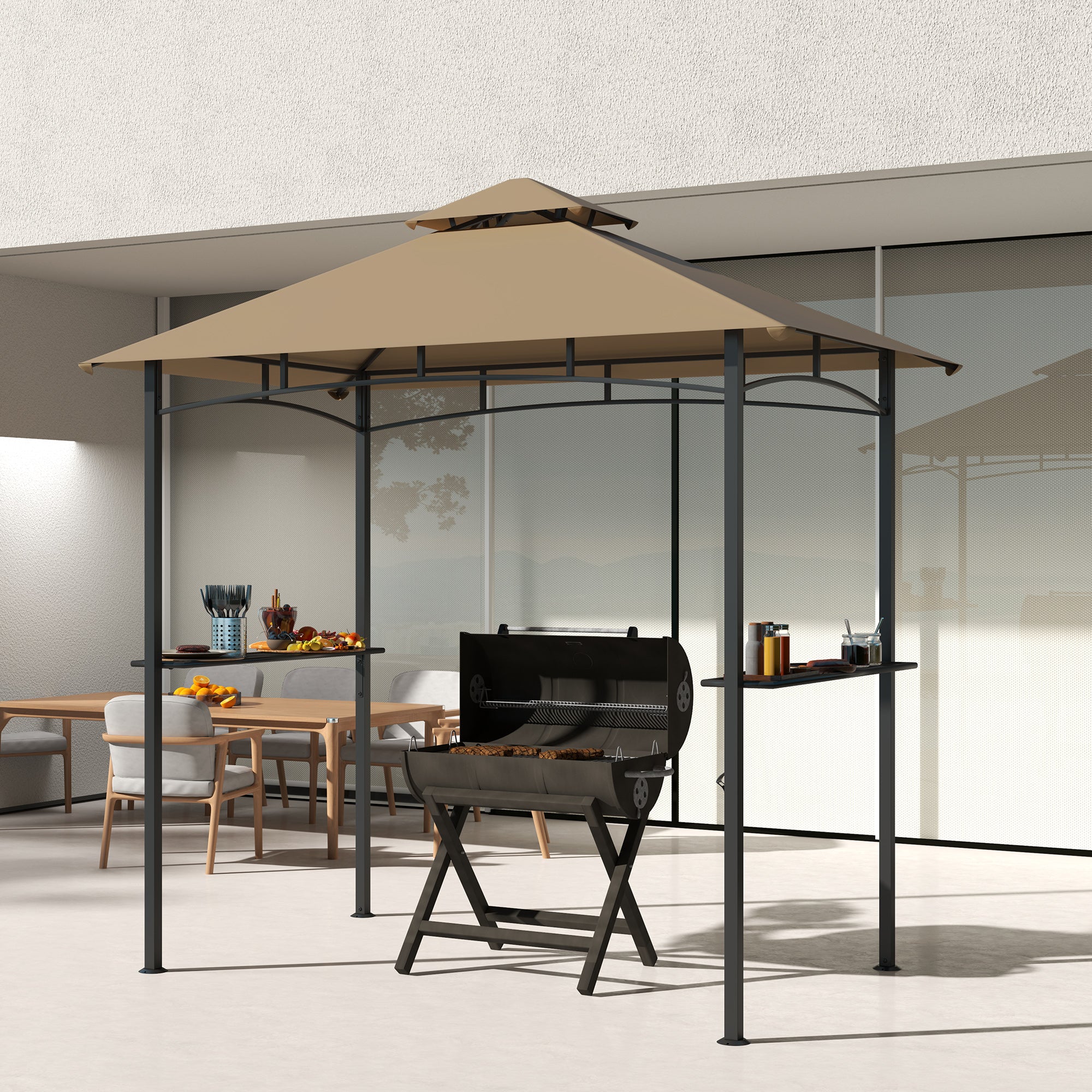 Outsunny 2.5M (8ft) New Double-Tier BBQ Gazebo Shelter Grill Canopy Barbecue Tent Shelter Patio Deck Cover - Khaki - North Peak Garden Furniture