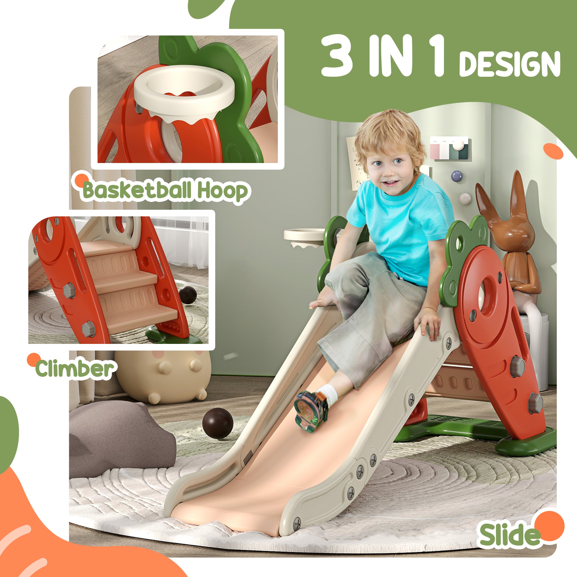 AIYAPLAY 3 in 1 Foldable Toddler Slide with Basketball Hoop, Climber, Carrot-themed, for 1-3 Years - North Peak Garden Furniture